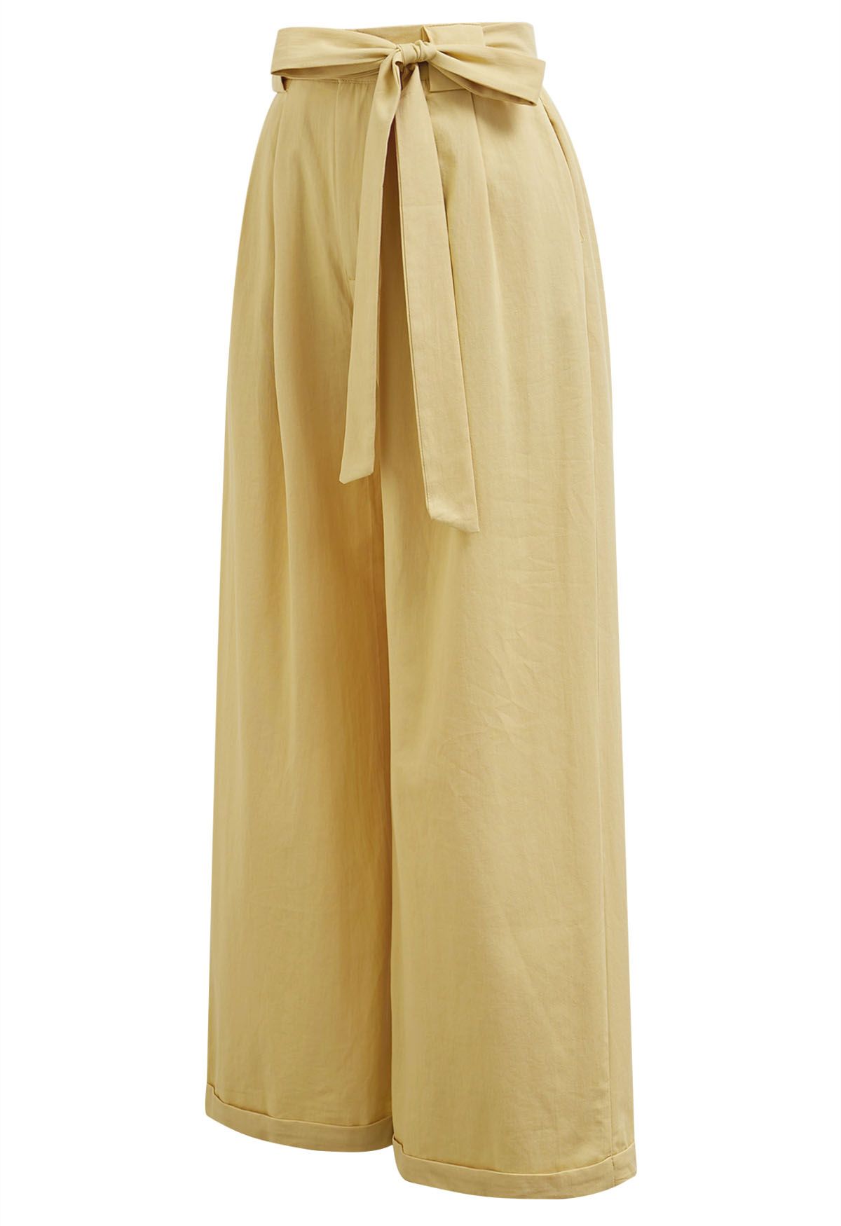 Bow Tie Sash Pleated Wide-Leg Pants in Mustard