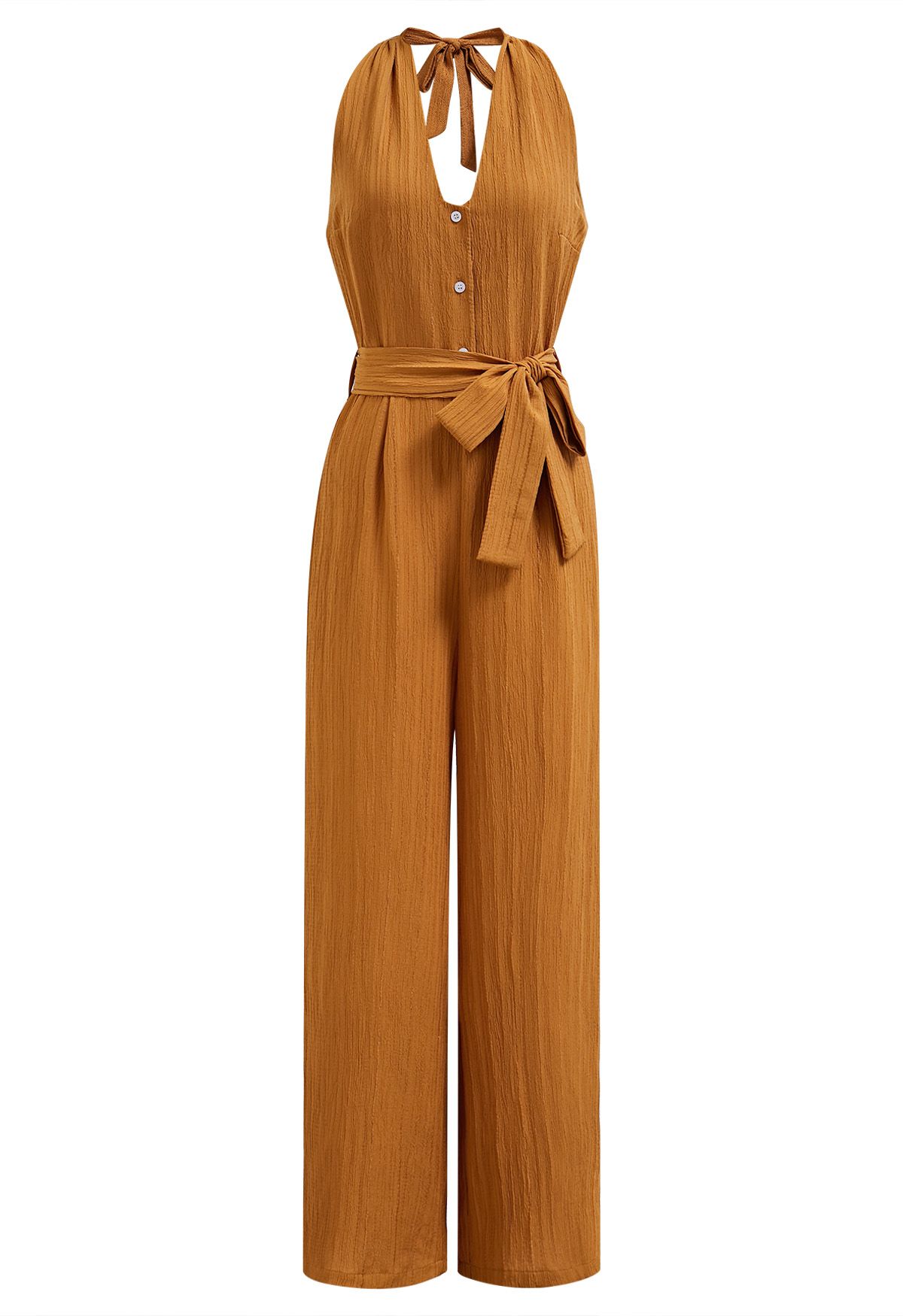 Halterneck Tie Waist Textured Wide-Leg Jumpsuit