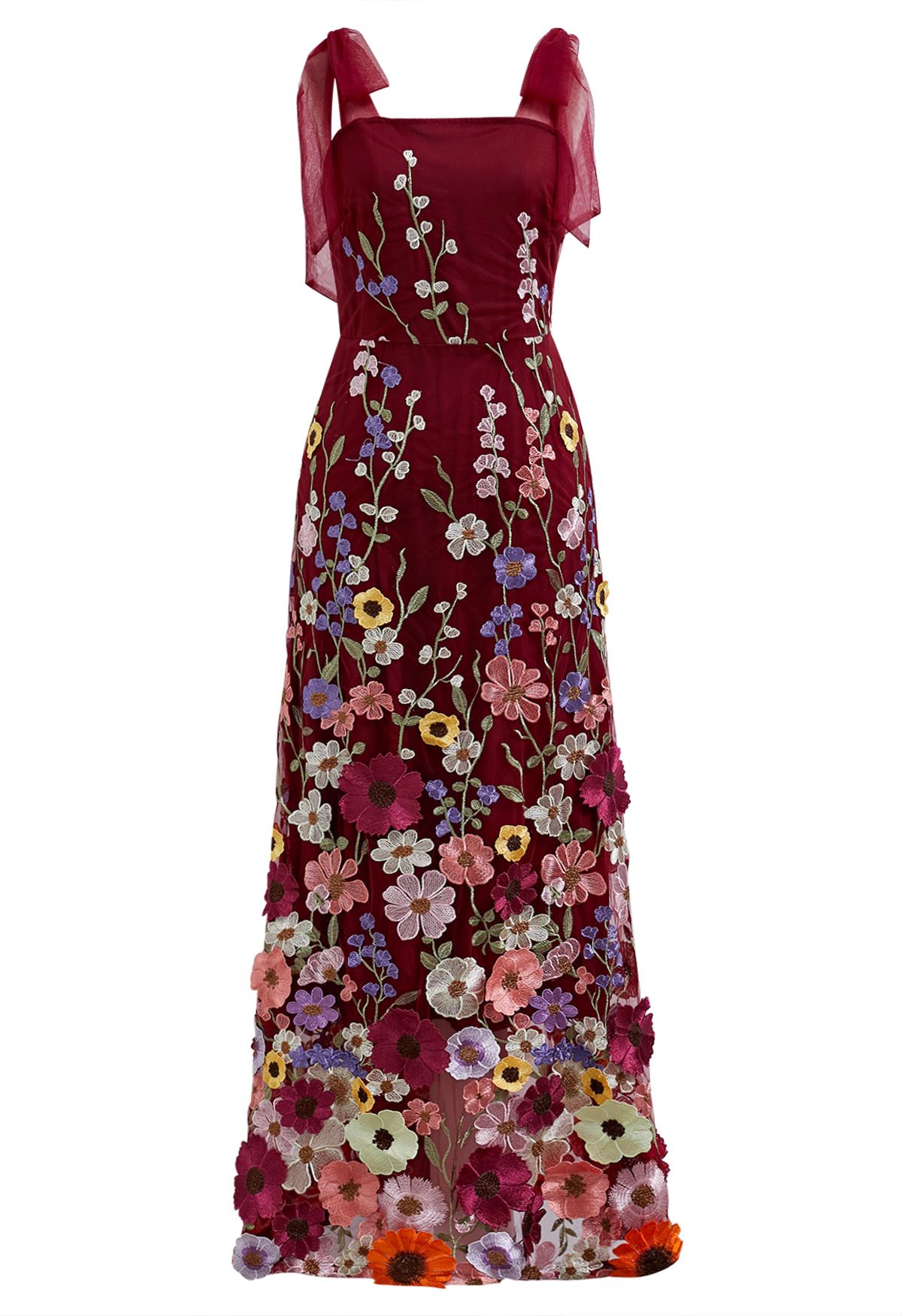 3D Floral Applique Tie-Strap Mesh Tulle Maxi Dress in Burgundy