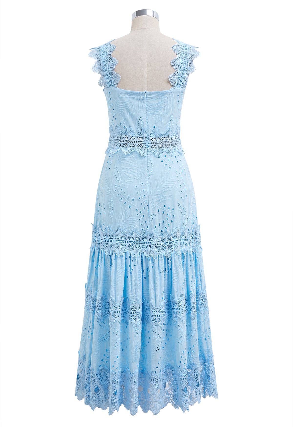 Leaves Eyelet Embroidered Lace Trim Cami Dress in Blue