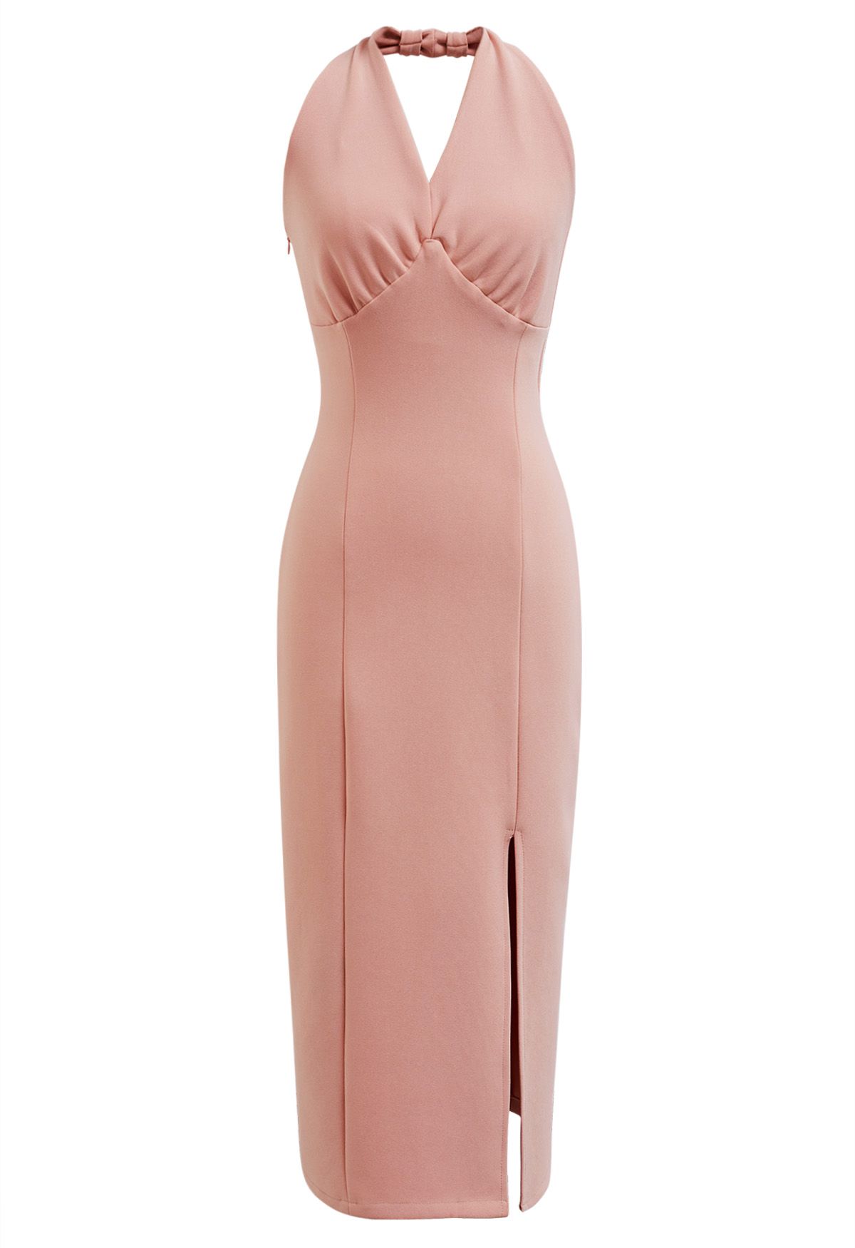 Modern Muse Halter Neck Slit Sheath Dress in Peach