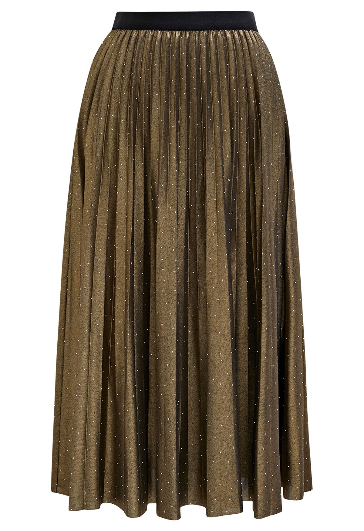 Rhinestone Embellished Pleated Midi Skirt in Moss Green