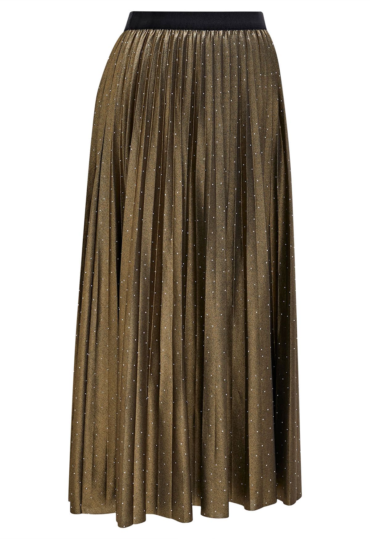 Rhinestone Embellished Pleated Midi Skirt in Moss Green