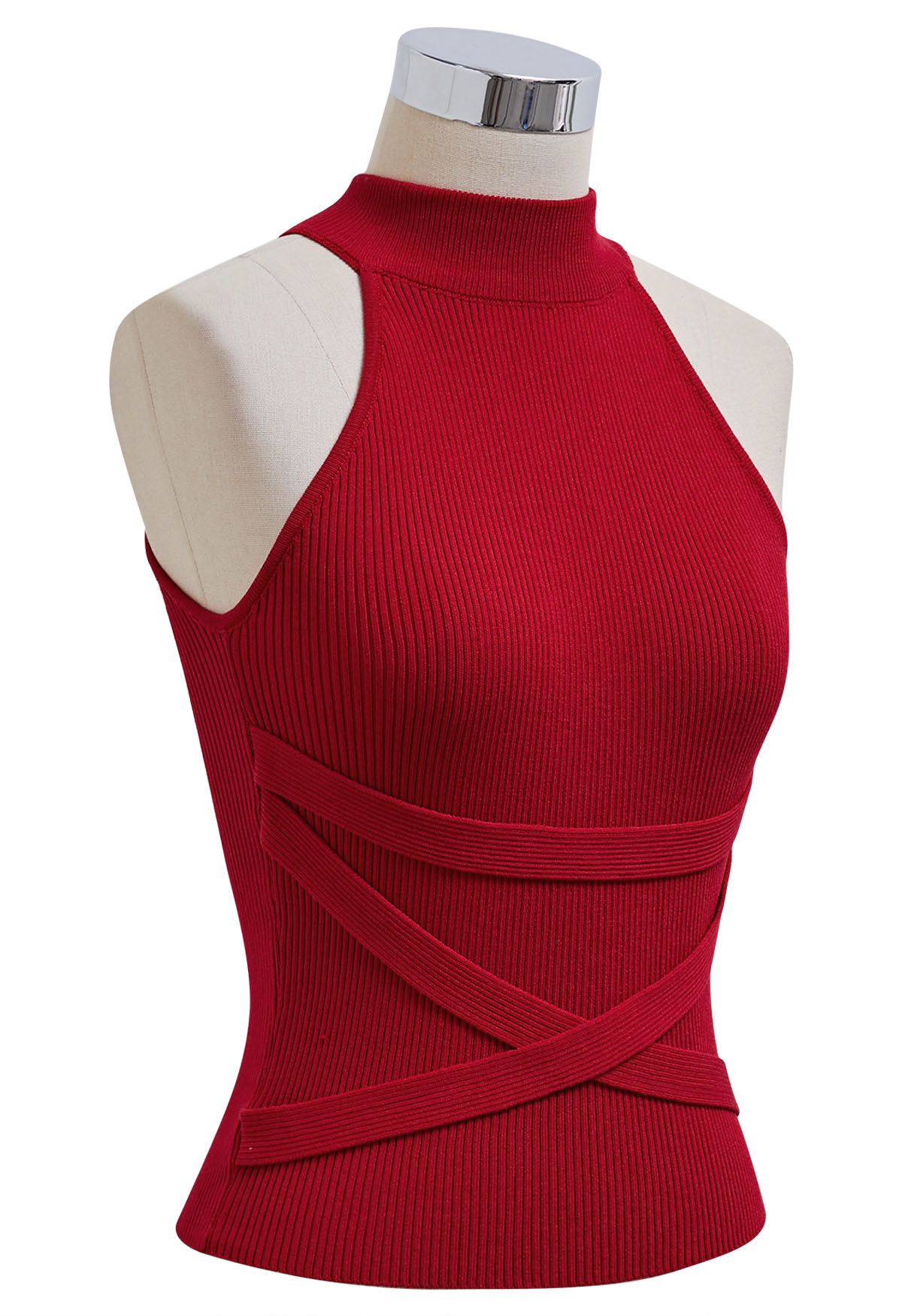 Crisscross Ribbon Sleeveless Halter Knit Top in Red