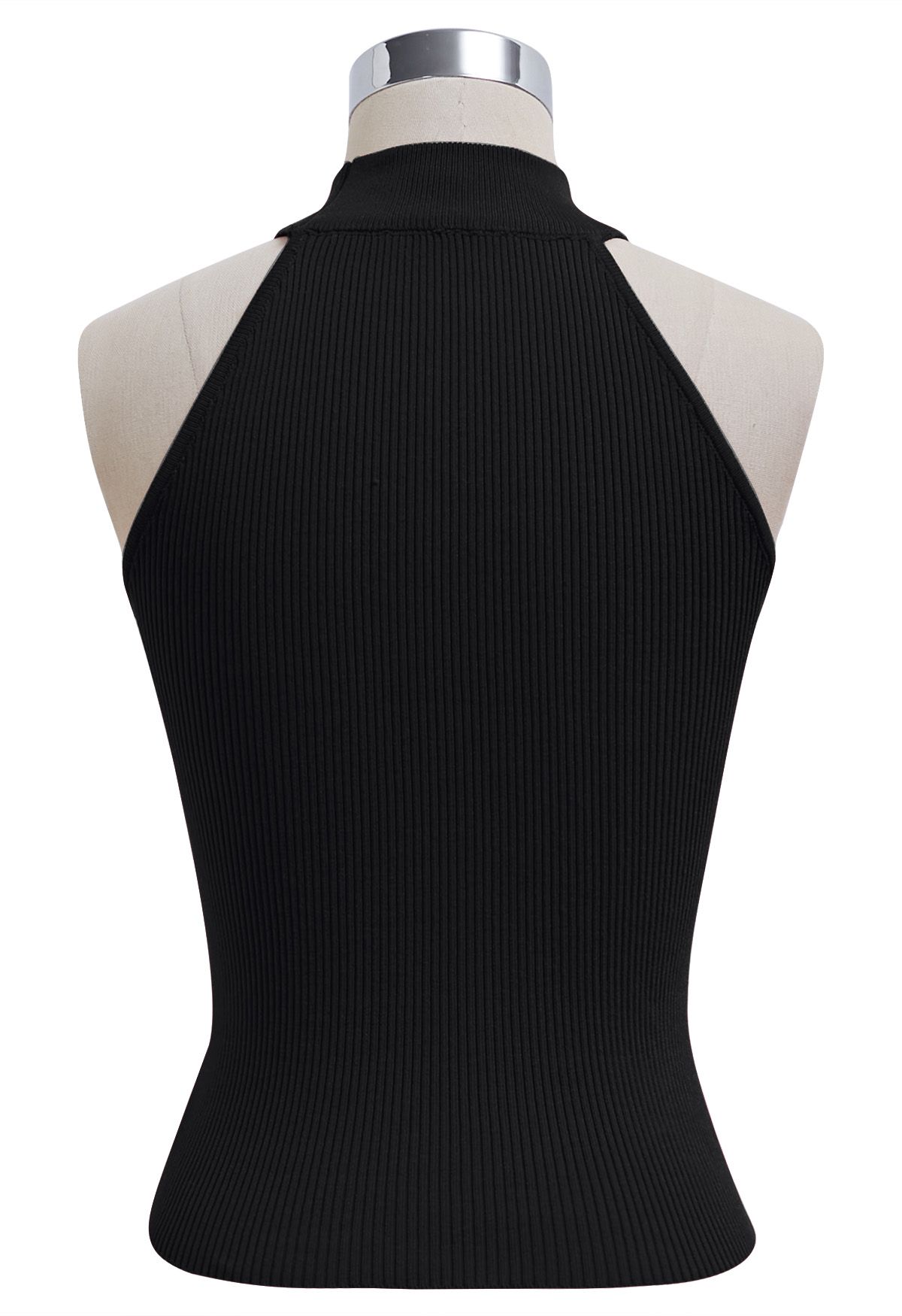 Crisscross Ribbon Sleeveless Halter Knit Top in Black