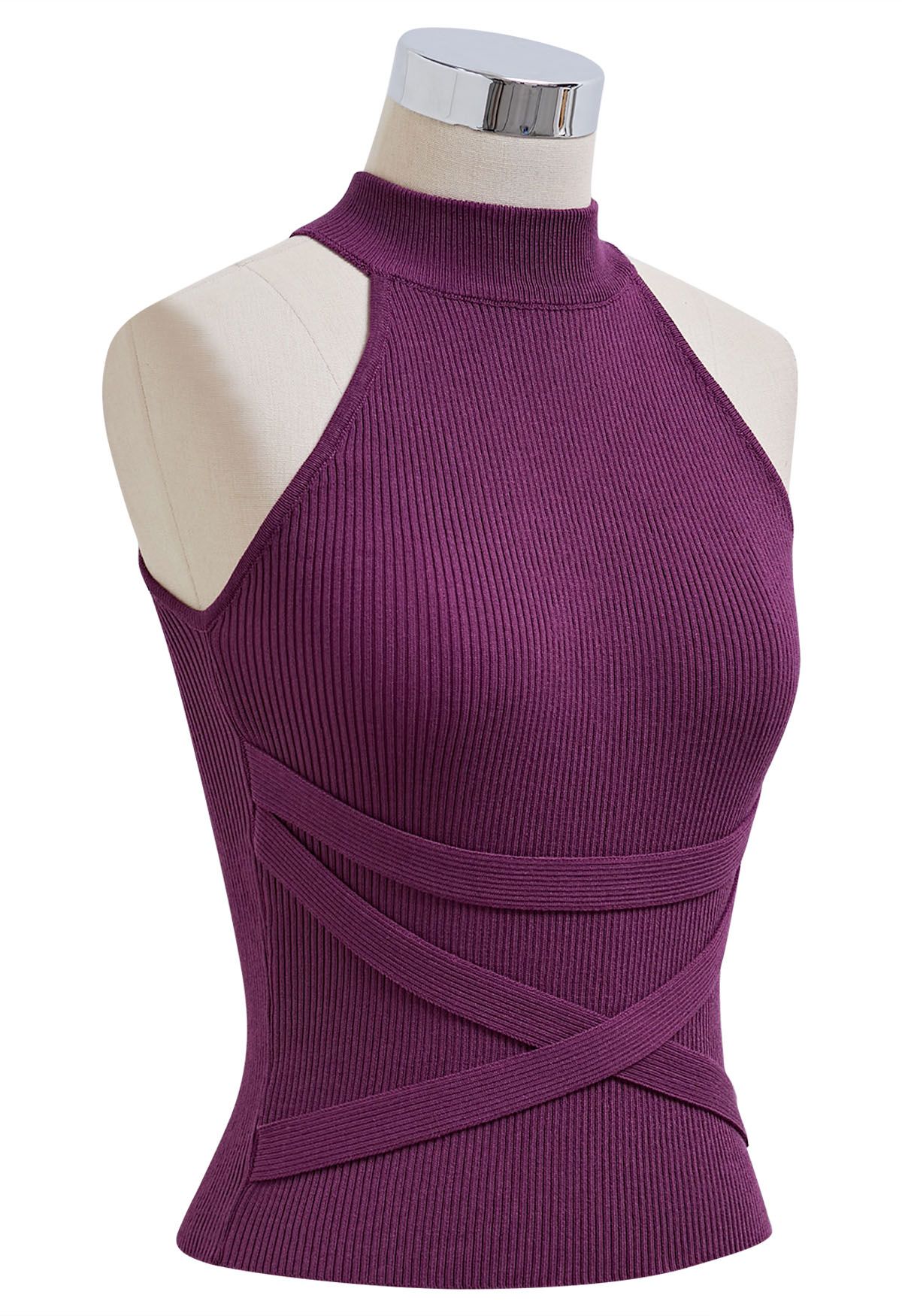 Crisscross Ribbon Sleeveless Halter Knit Top in Purple