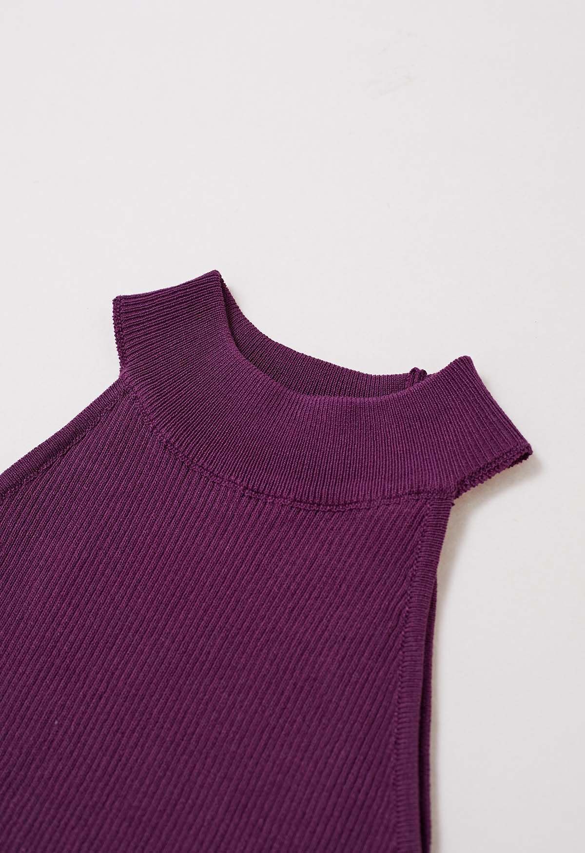 Crisscross Ribbon Sleeveless Halter Knit Top in Purple