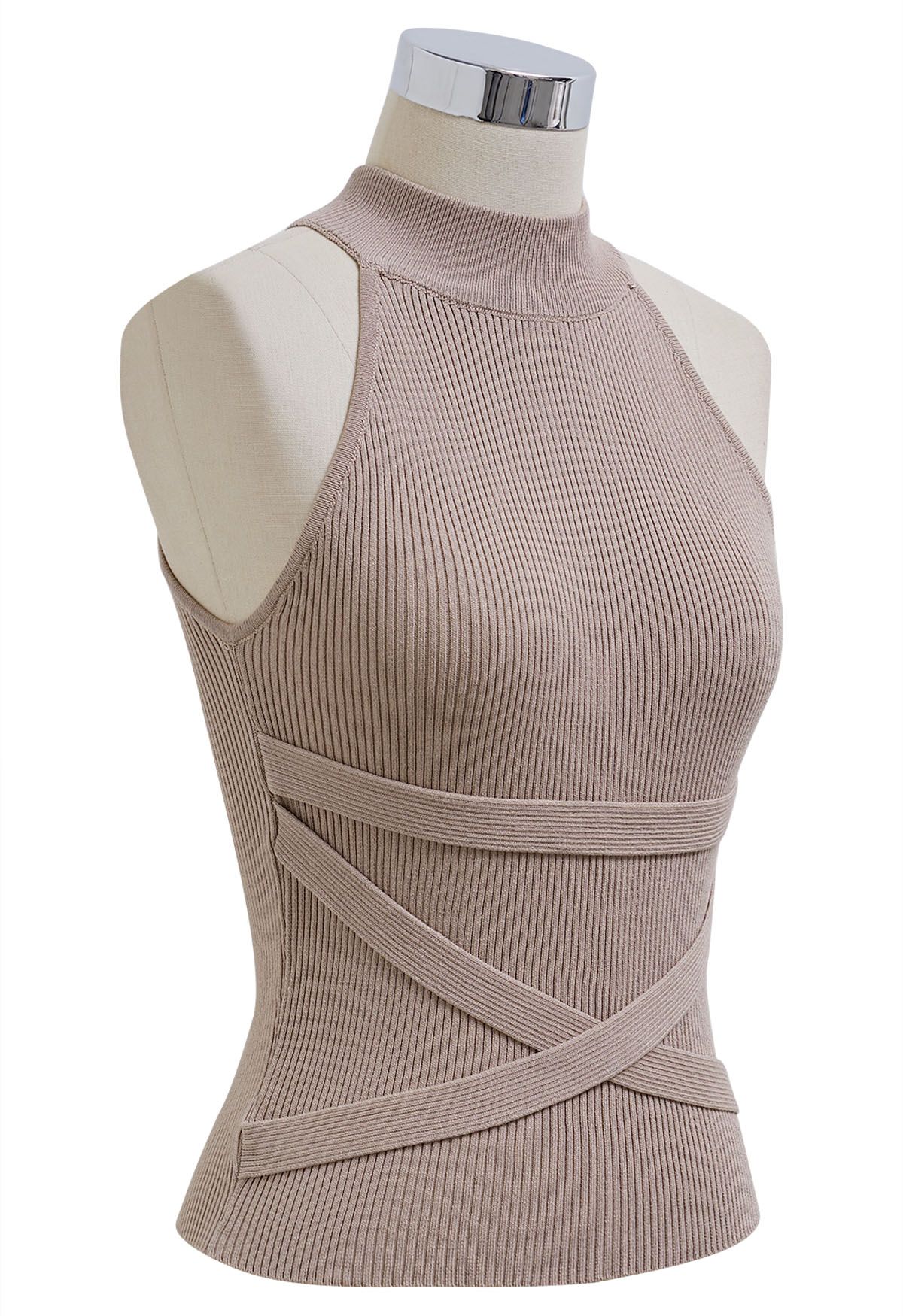 Crisscross Ribbon Sleeveless Halter Knit Top in Taupe