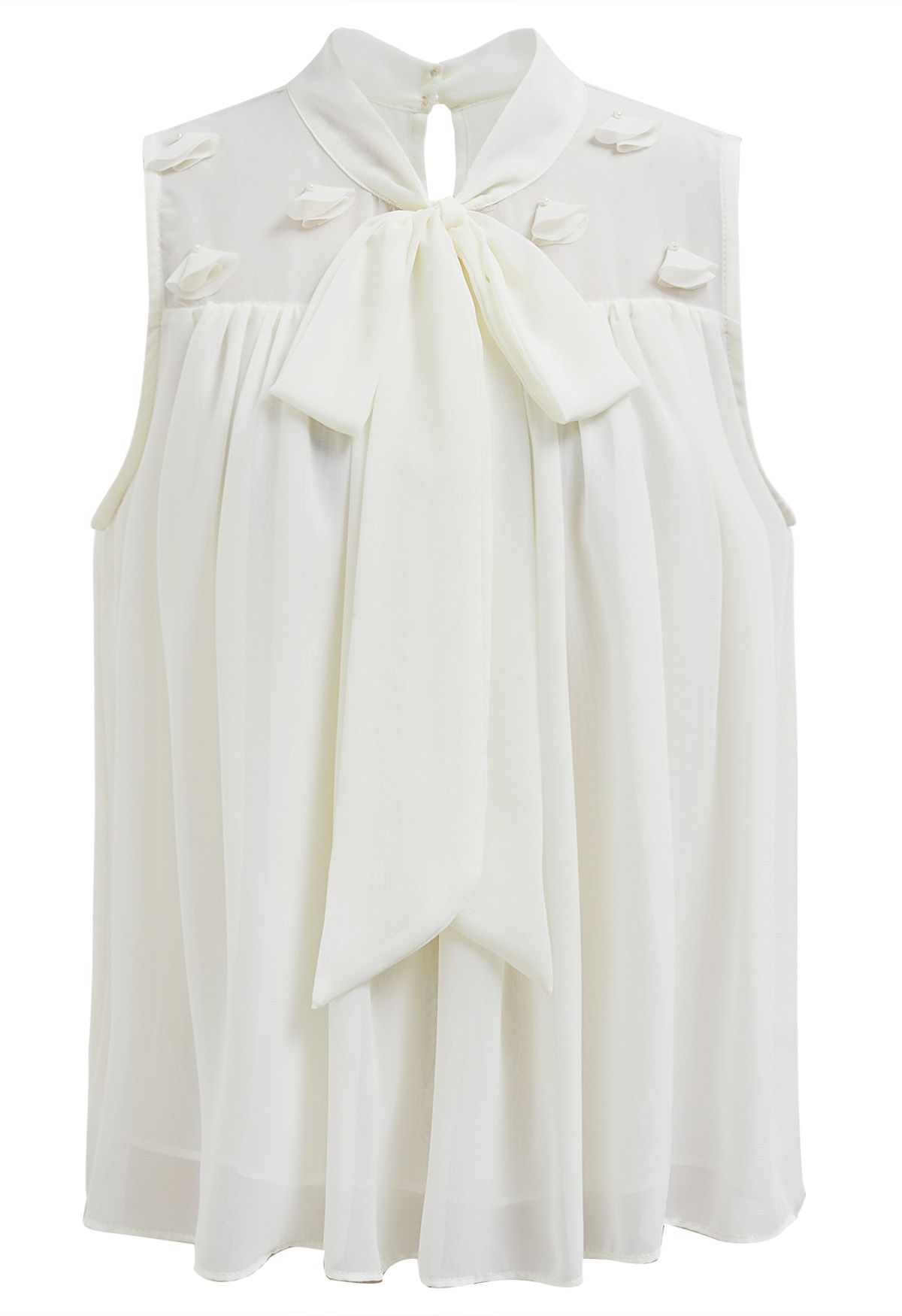 Pearly Petal Bowknot Chiffon Sleeveless Top in Cream