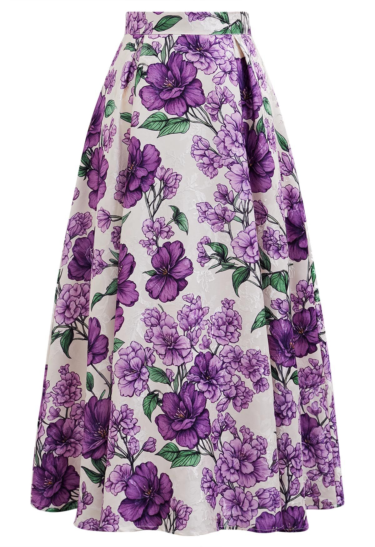 Purple Blooms Jacquard Pleated A-Line Skirt