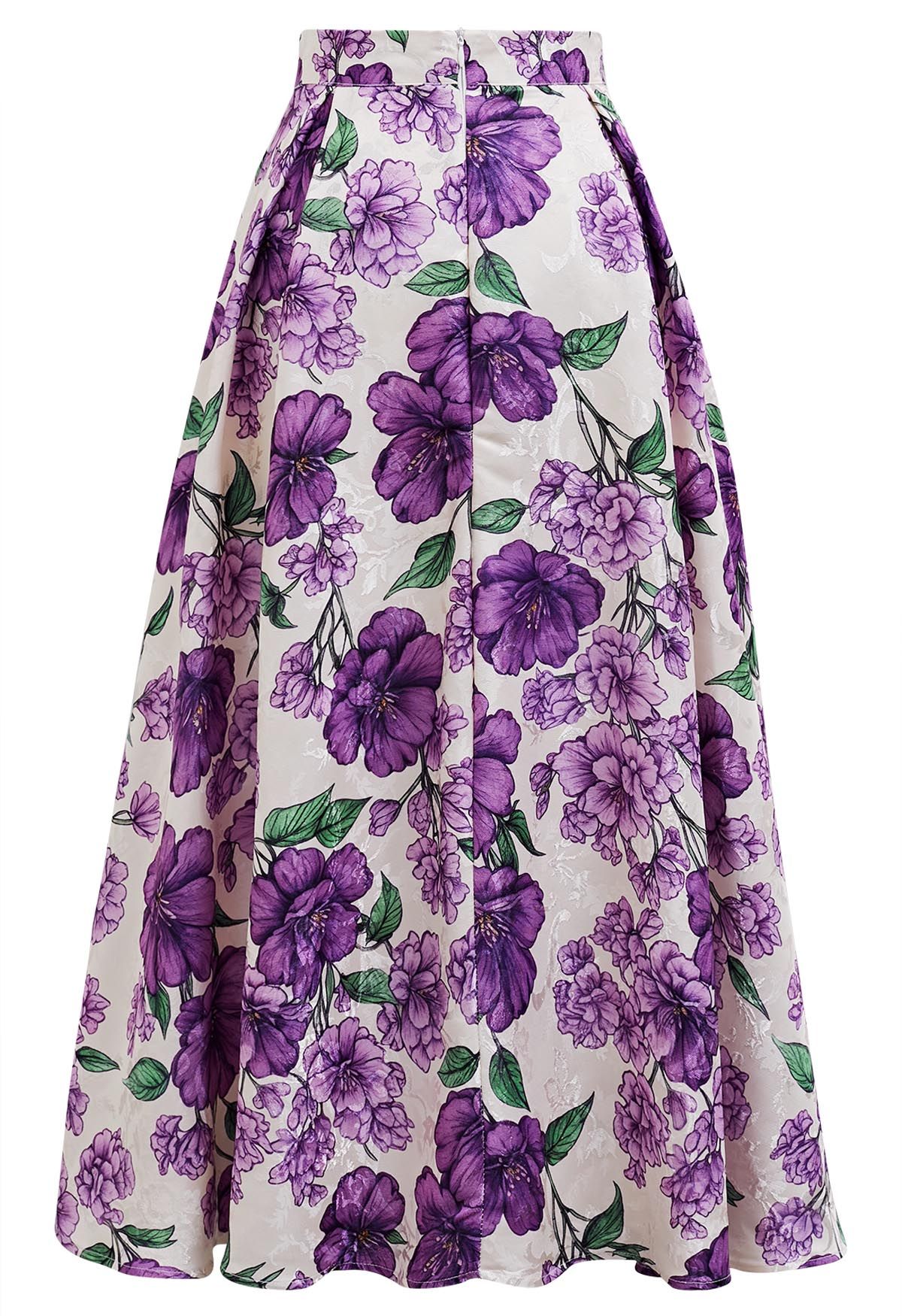 Purple Blooms Jacquard Pleated A-Line Skirt