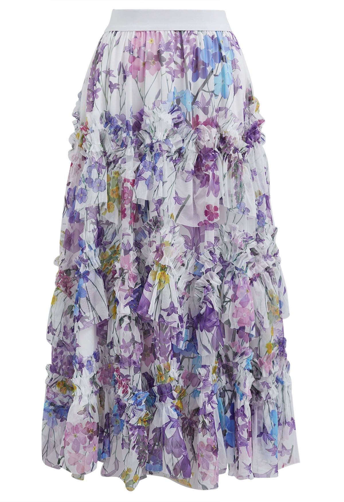 Flowery Printed Ruffle Mesh Maxi Skirt in Purple