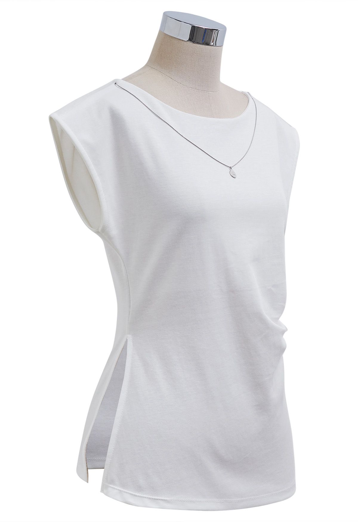 Decorative Necklace Side Pleat Cotton Top in White