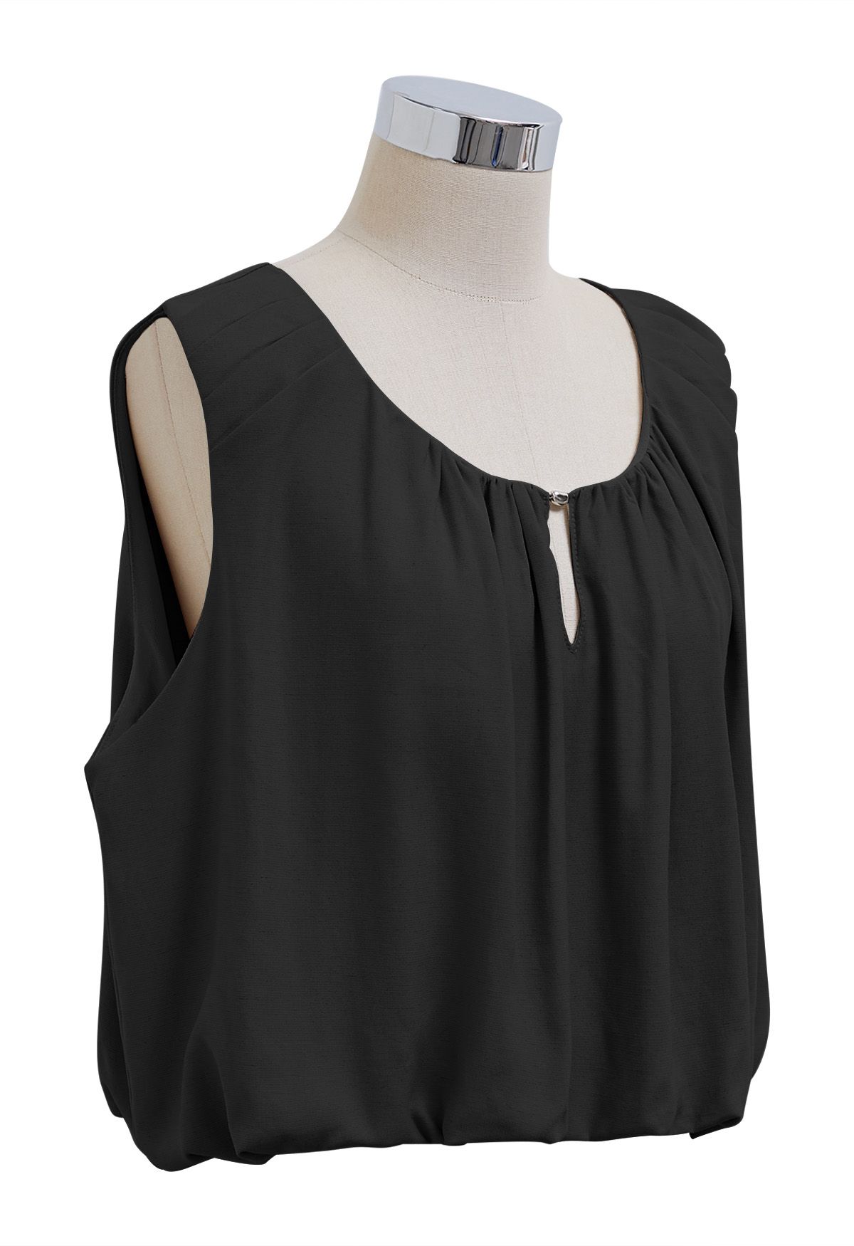 Mesh Inserted Linen-Blend Sleeveless Crop Top in Black