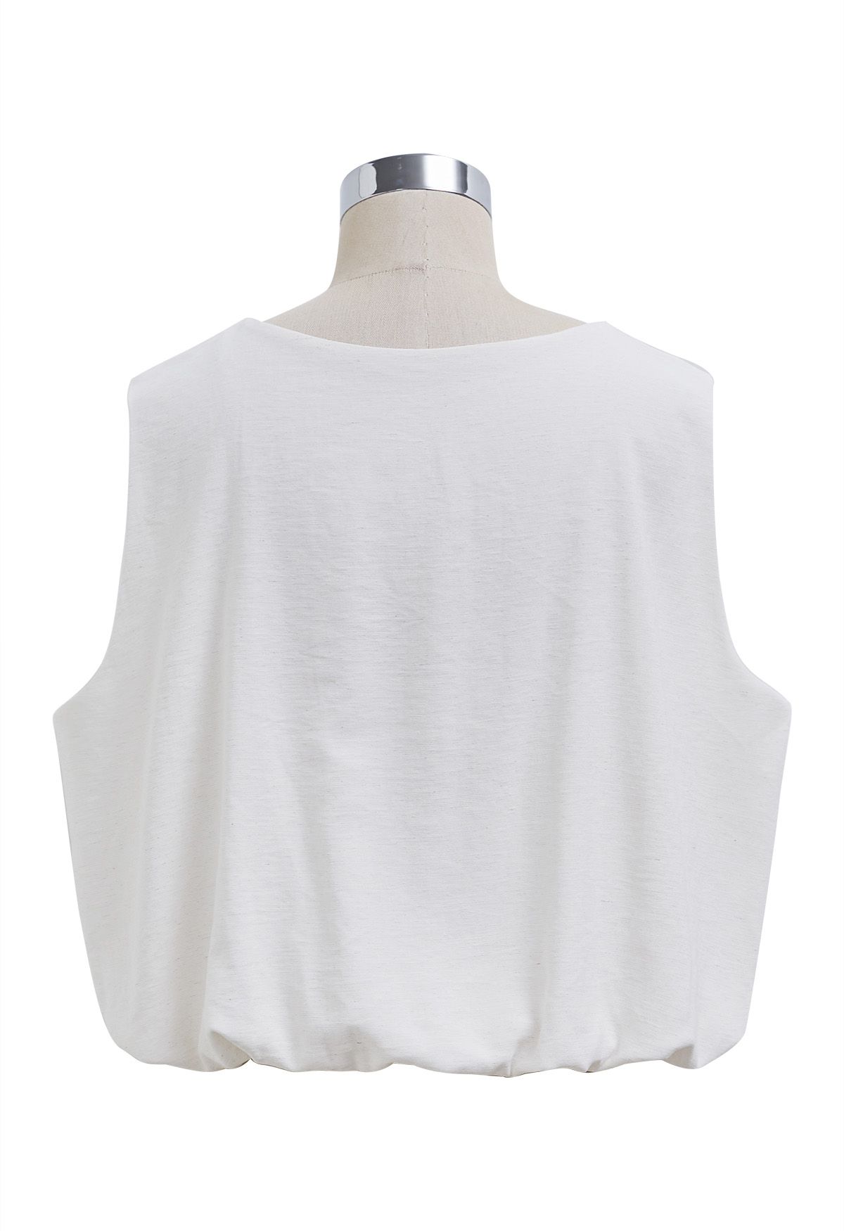 Mesh Inserted Linen-Blend Sleeveless Crop Top in White