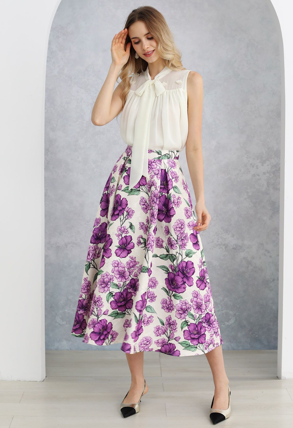 Purple Blooms Jacquard Pleated A-Line Skirt