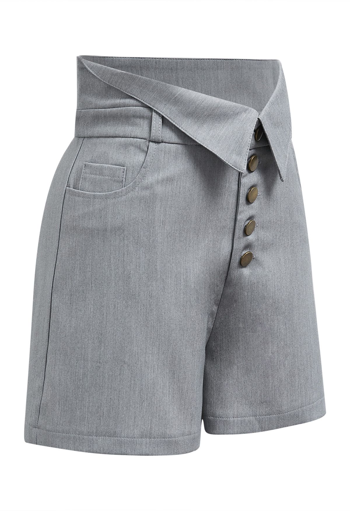 Nostalgic Button Folded Waist Shorts in Grey