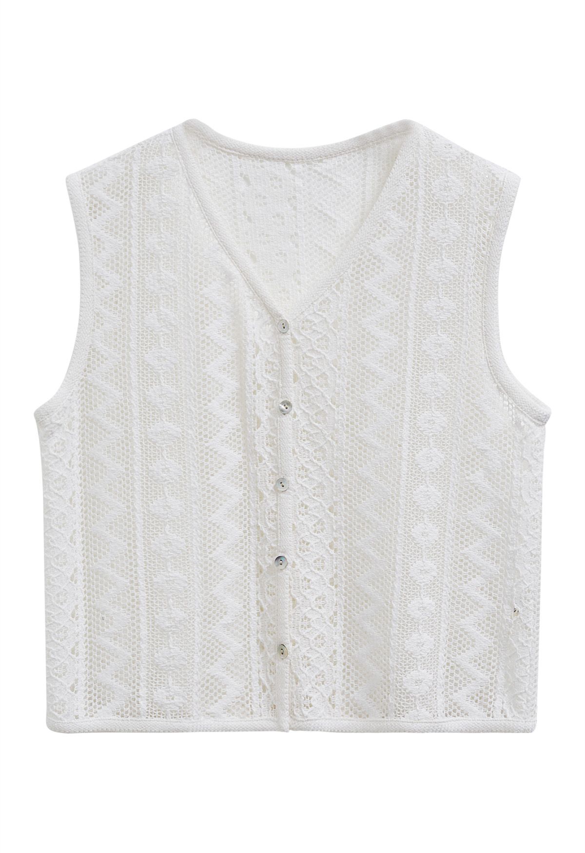 V-Neck Openwork Cotton Vest in White