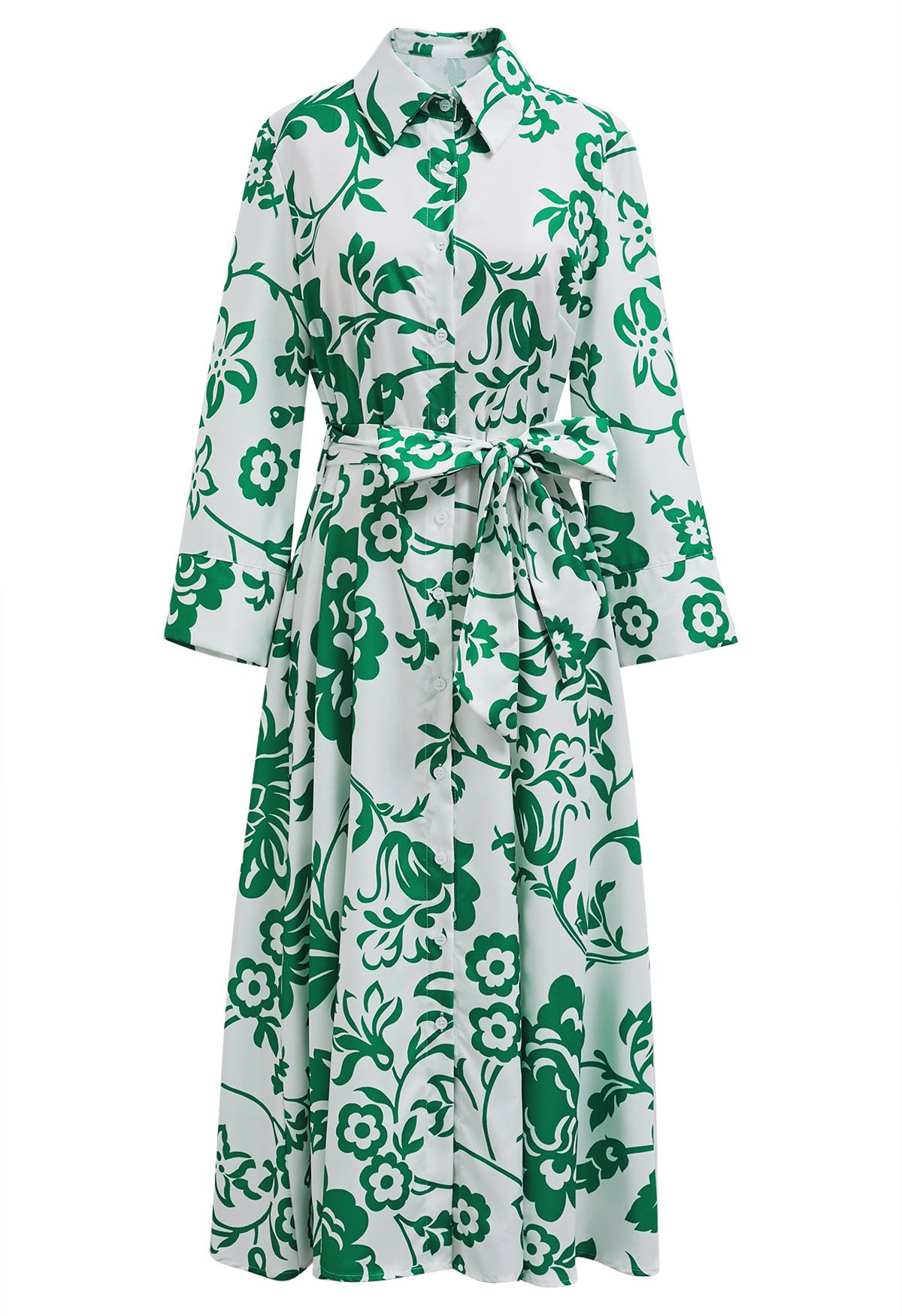 Green Floral Button Down Midi Shirt Dress green S