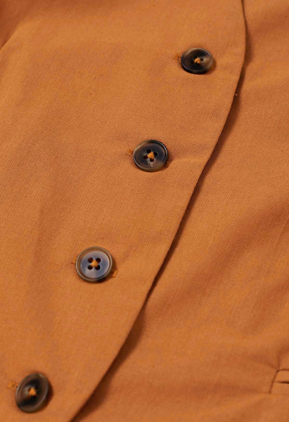 Linen-Blend Button Down Vest and Pants Set in Pumpkin