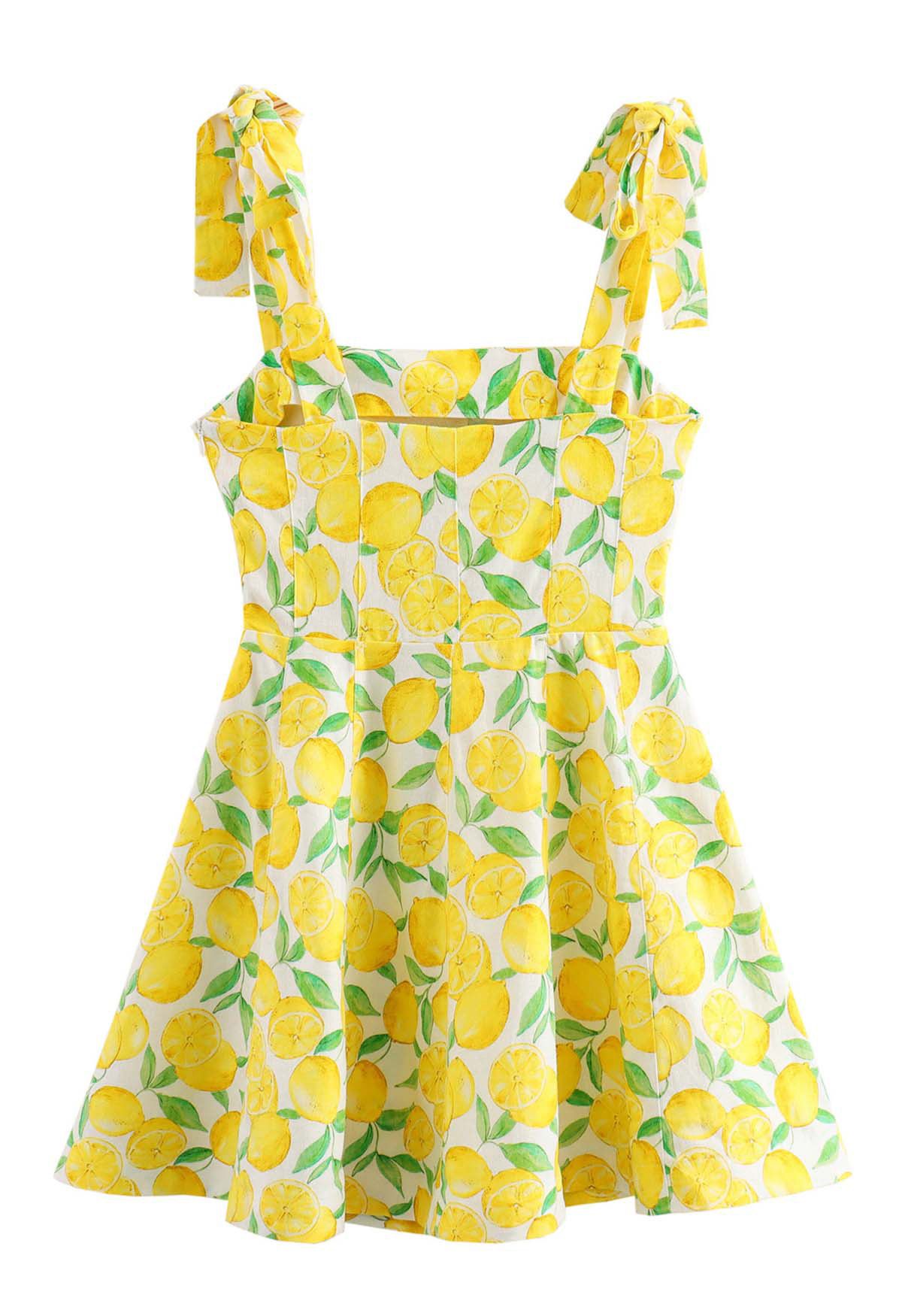 Neon Lemon Printed Tie-Strap Mini Dress