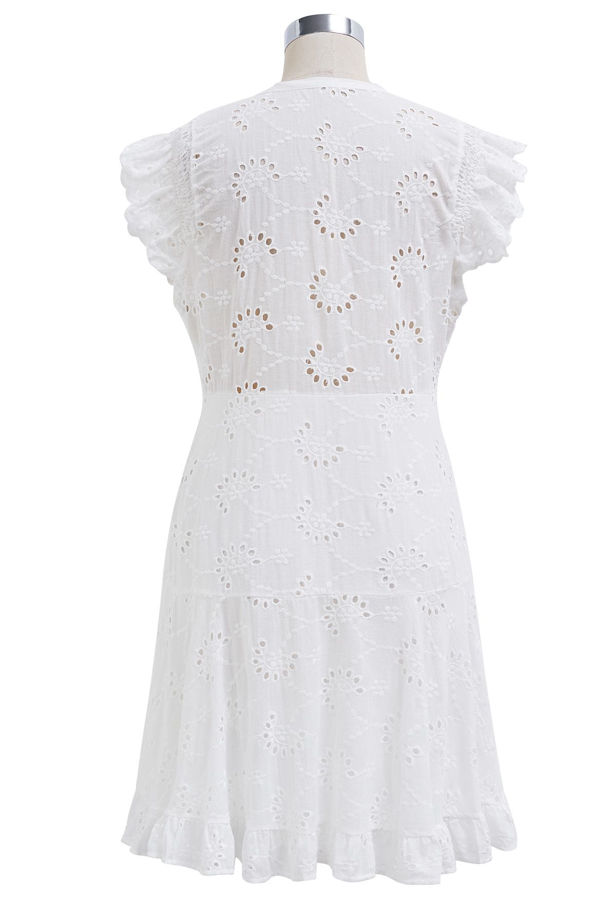 Drawstring Front Eyelet Embroidered Mini Dress in White