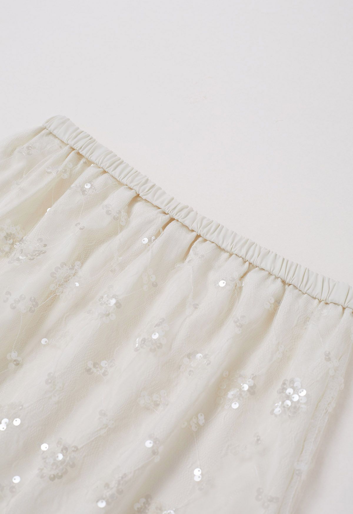 Sequined Dandelion Mesh Midi Skirt in Ivory