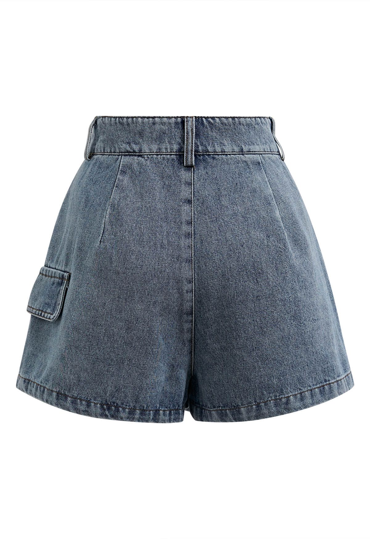 Edgy Curved Seam Flap Denim Skorts in Light Blue