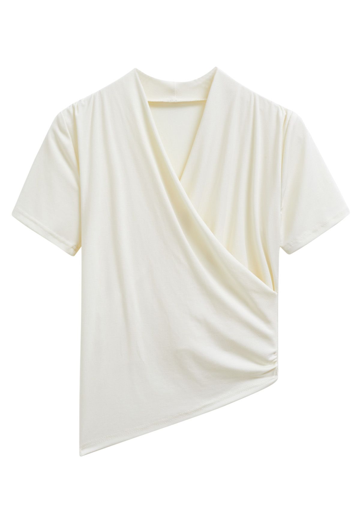 Faux-Wrap Short Sleeve Asymmetric Top in Light Yellow