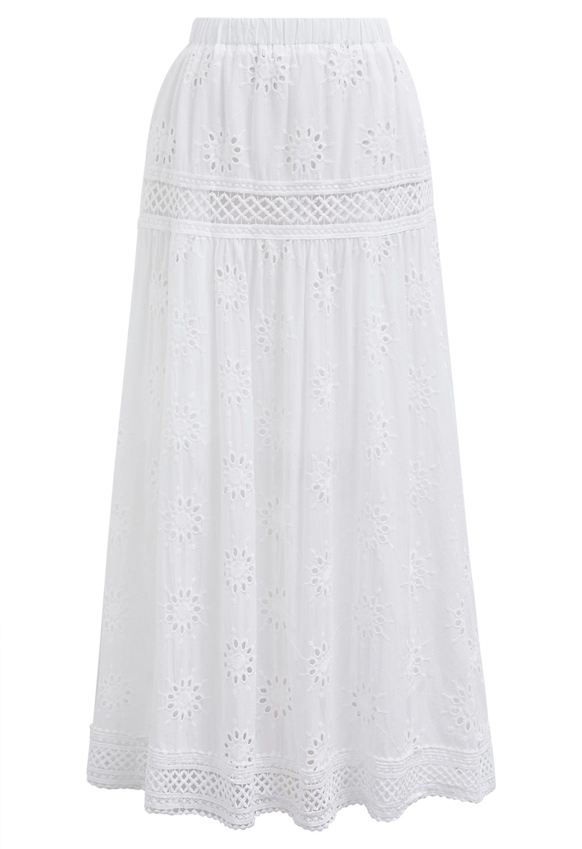 Floral Embroidered Eyelet Cotton Maxi Skirt in White