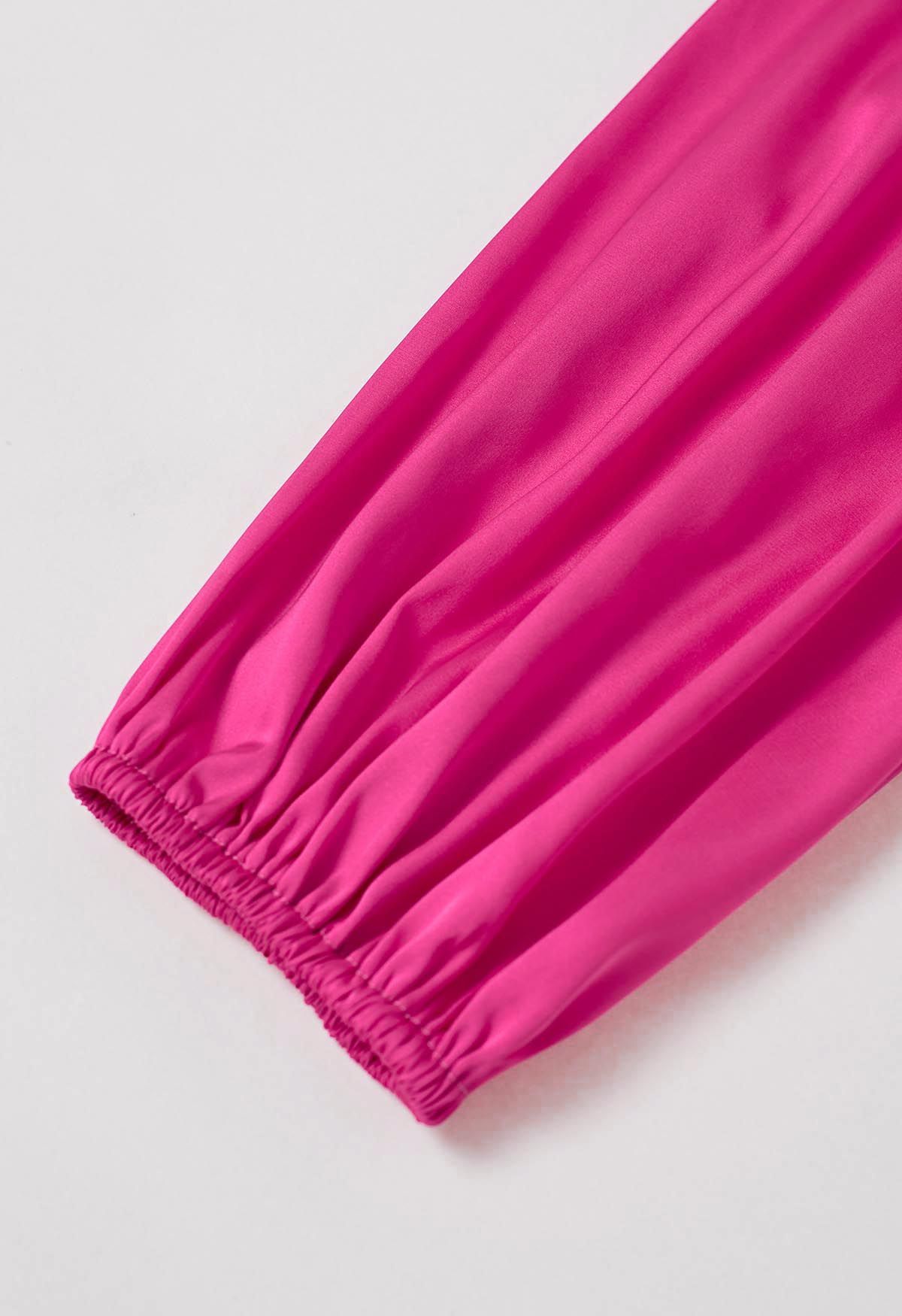 Cutout Shirred Detail Pleated Asymmetric Dress in Hot Pink