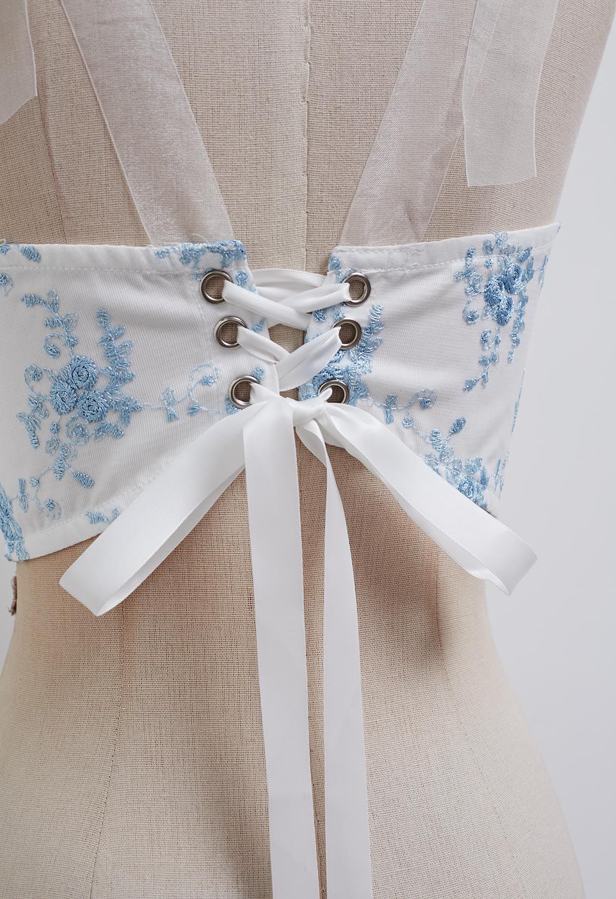 Blue Floral Embroidered Tie-Strap Bustier Top in White