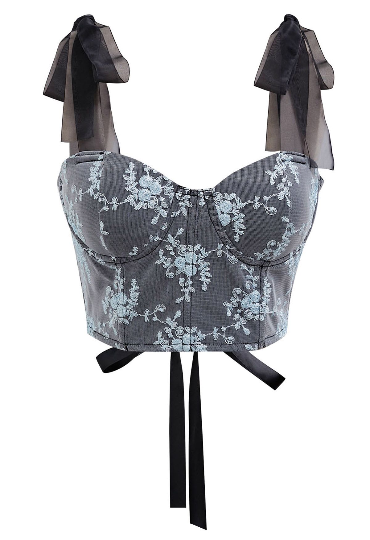 Blue Floral Embroidered Tie-Strap Bustier Top in Smoke