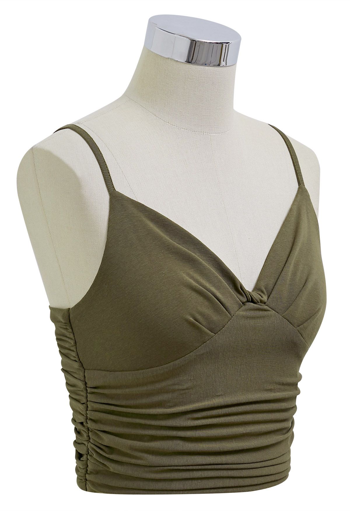 Knotted V-Neck Ruched Crop Cami Top in Army Green