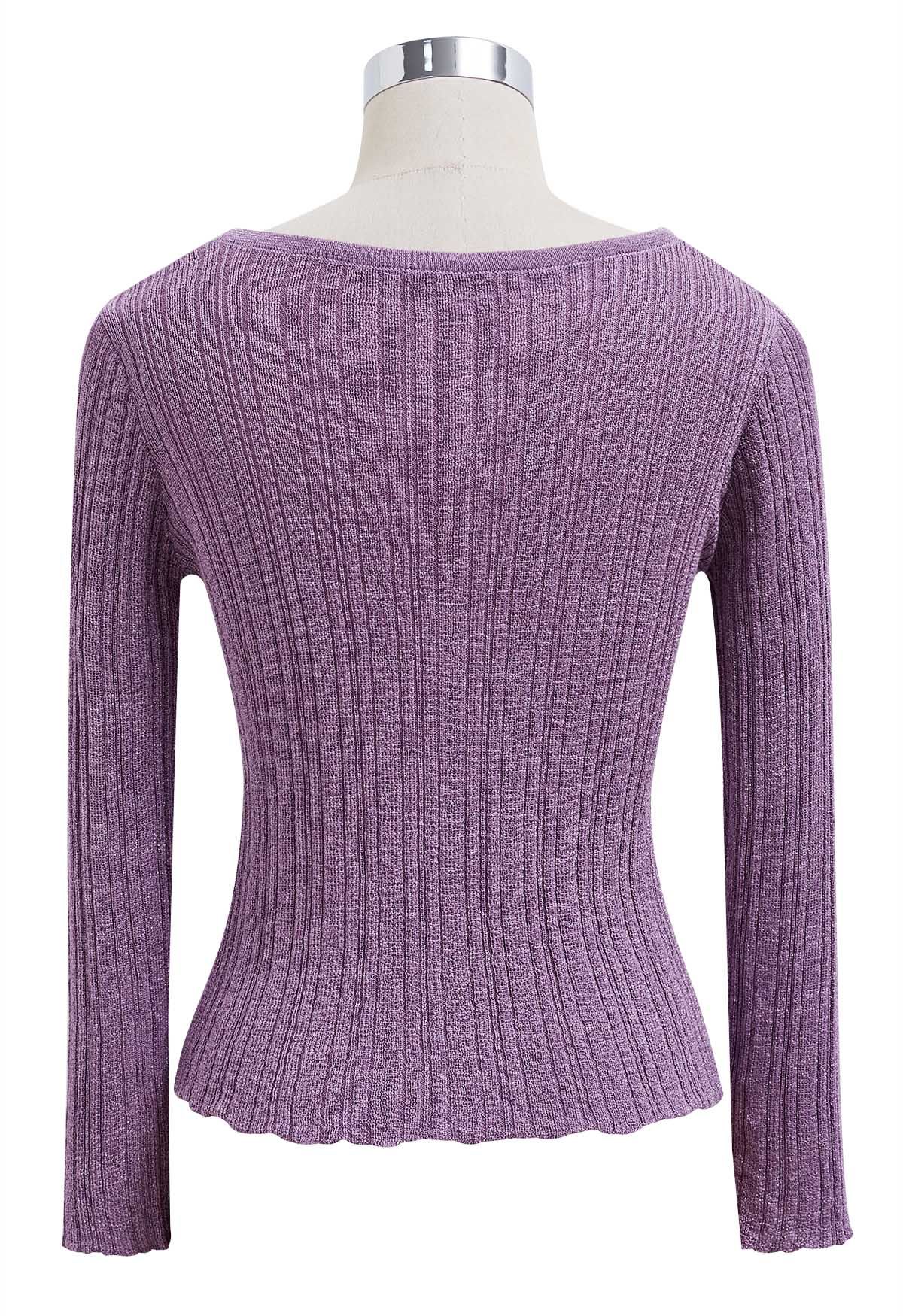 Rhinestone Decor Mesh Spliced Knit Top in Lilac