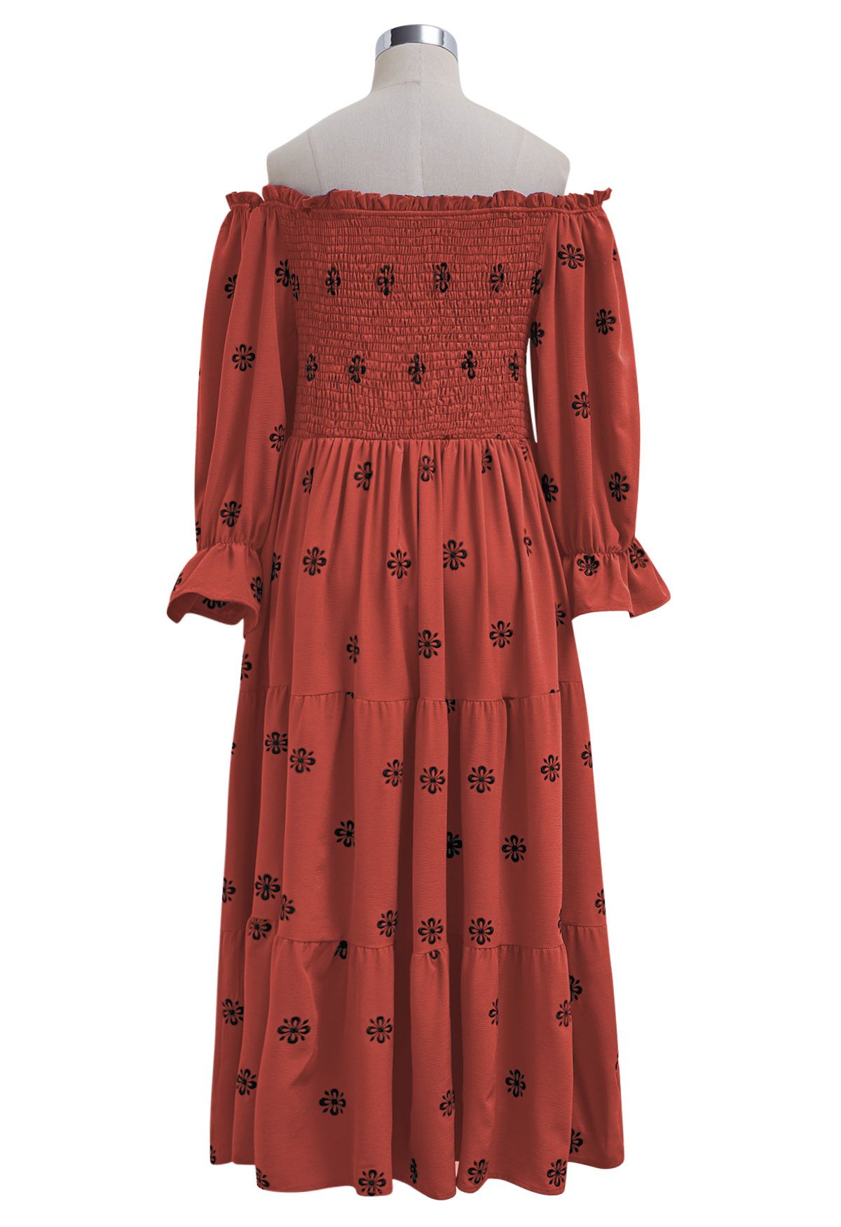 Black Floral Embroidery Shirred Midi Dress in Rust