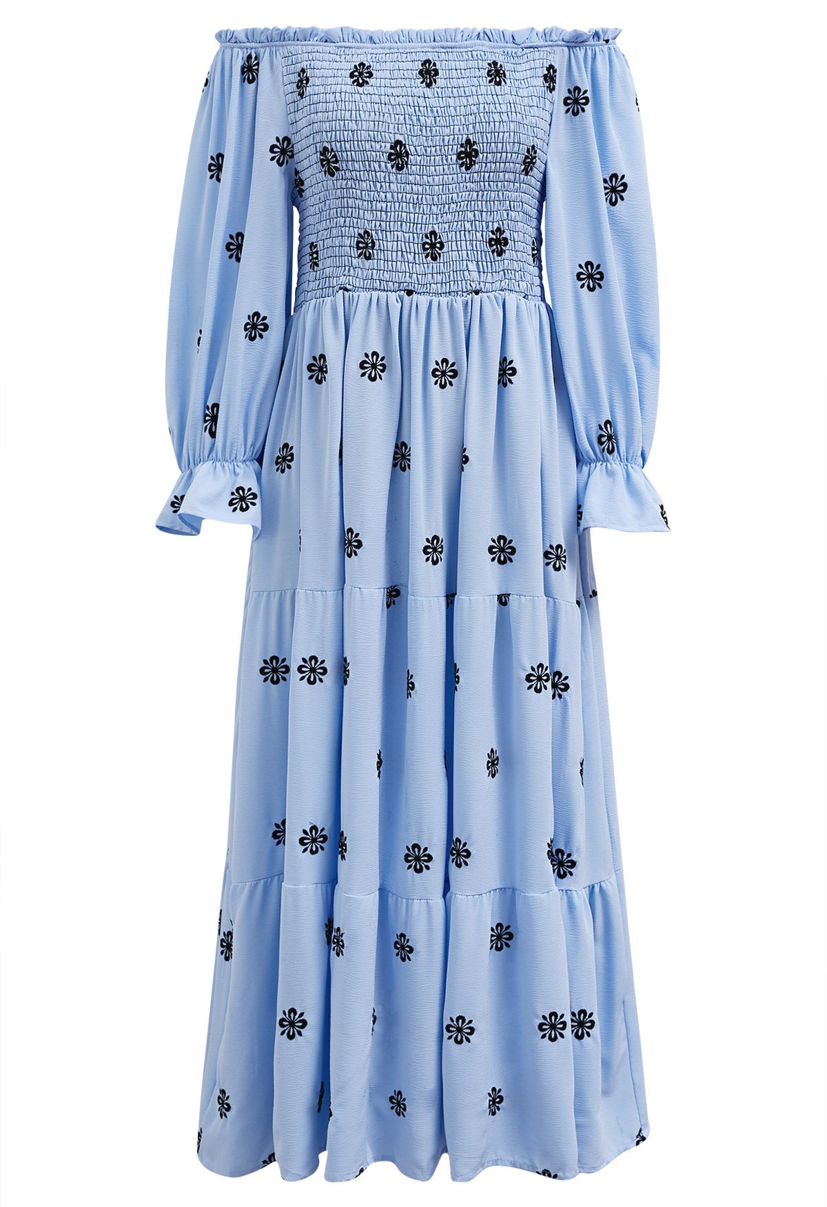 Black Floral Embroidery Shirred Midi Dress in Blue