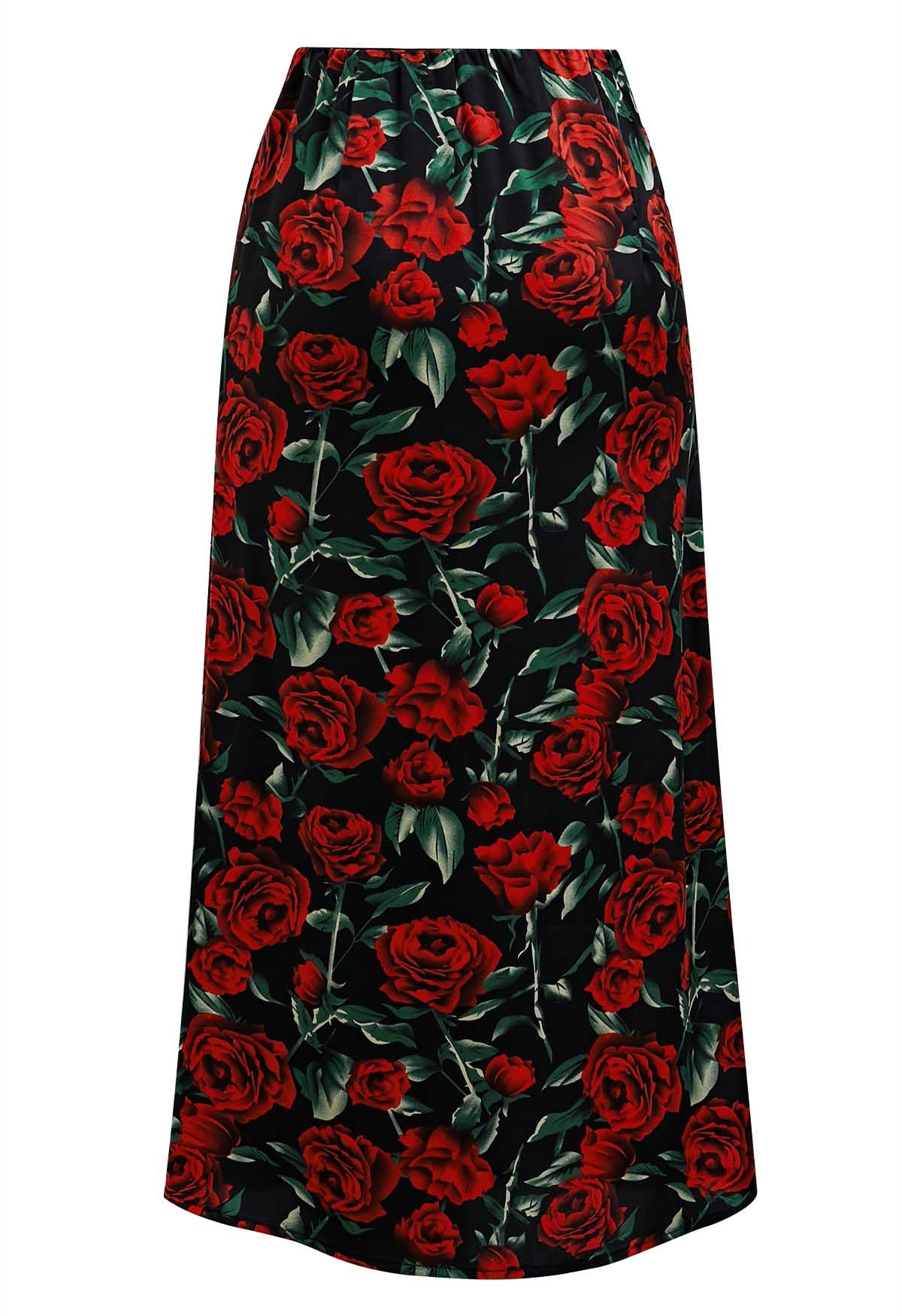 Red Rose Print Midi Skirt