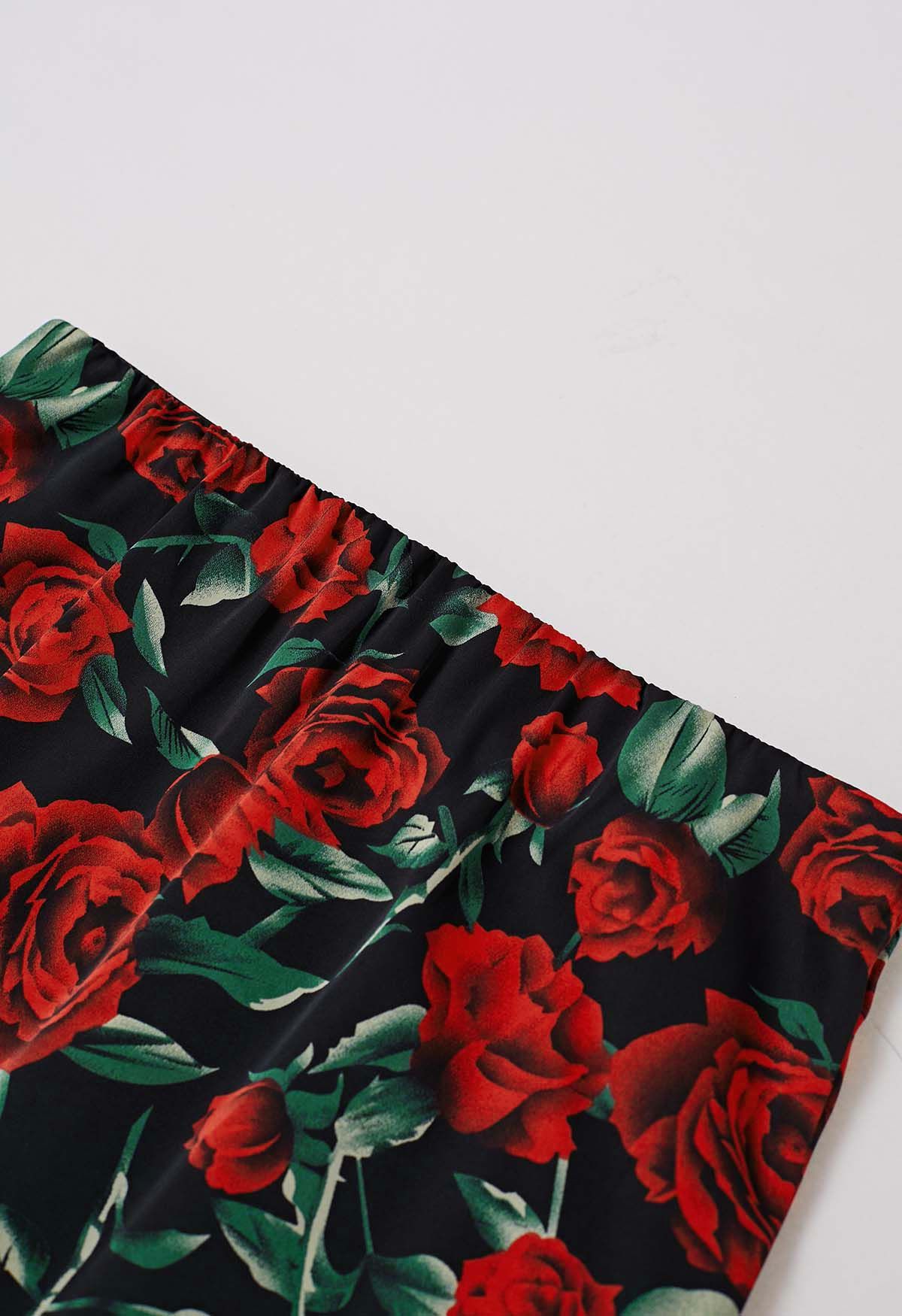 Red Rose Print Midi Skirt