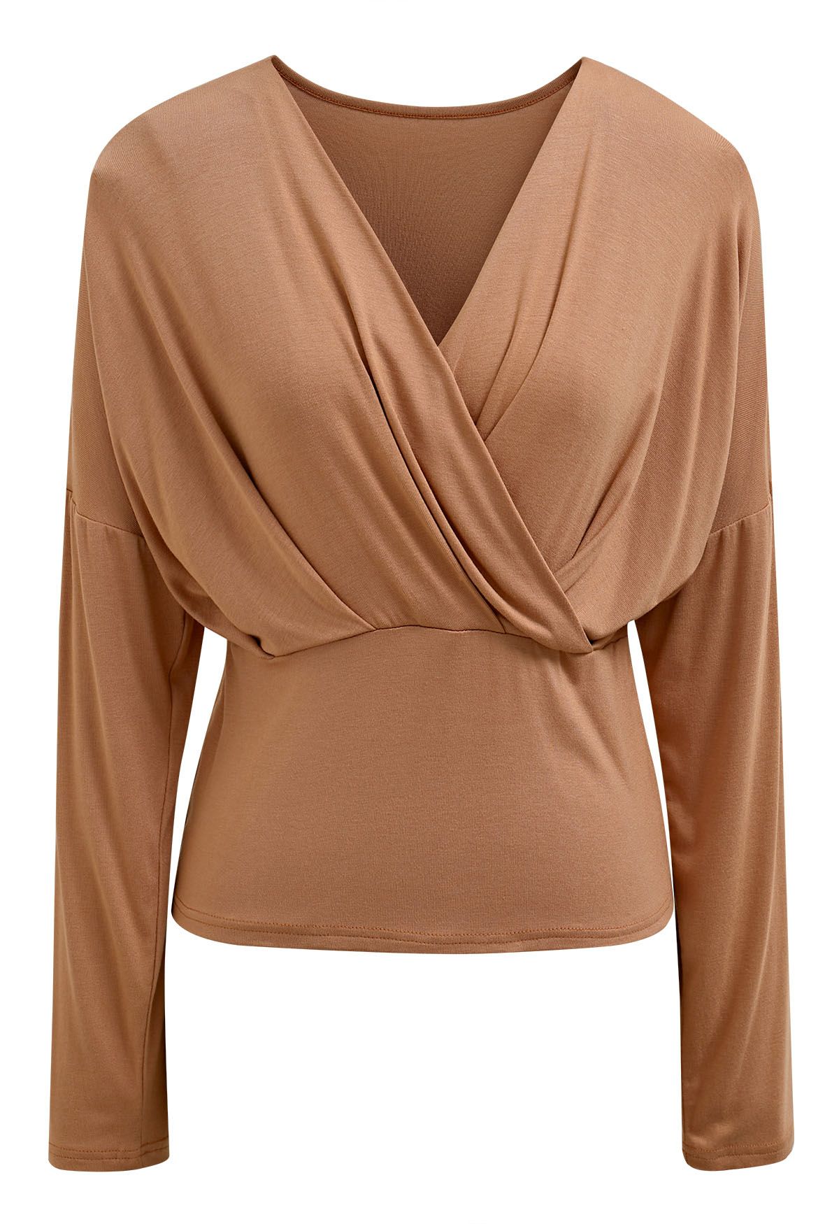 V-Neck Faux-Wrap Long Sleeve Top in Caramel