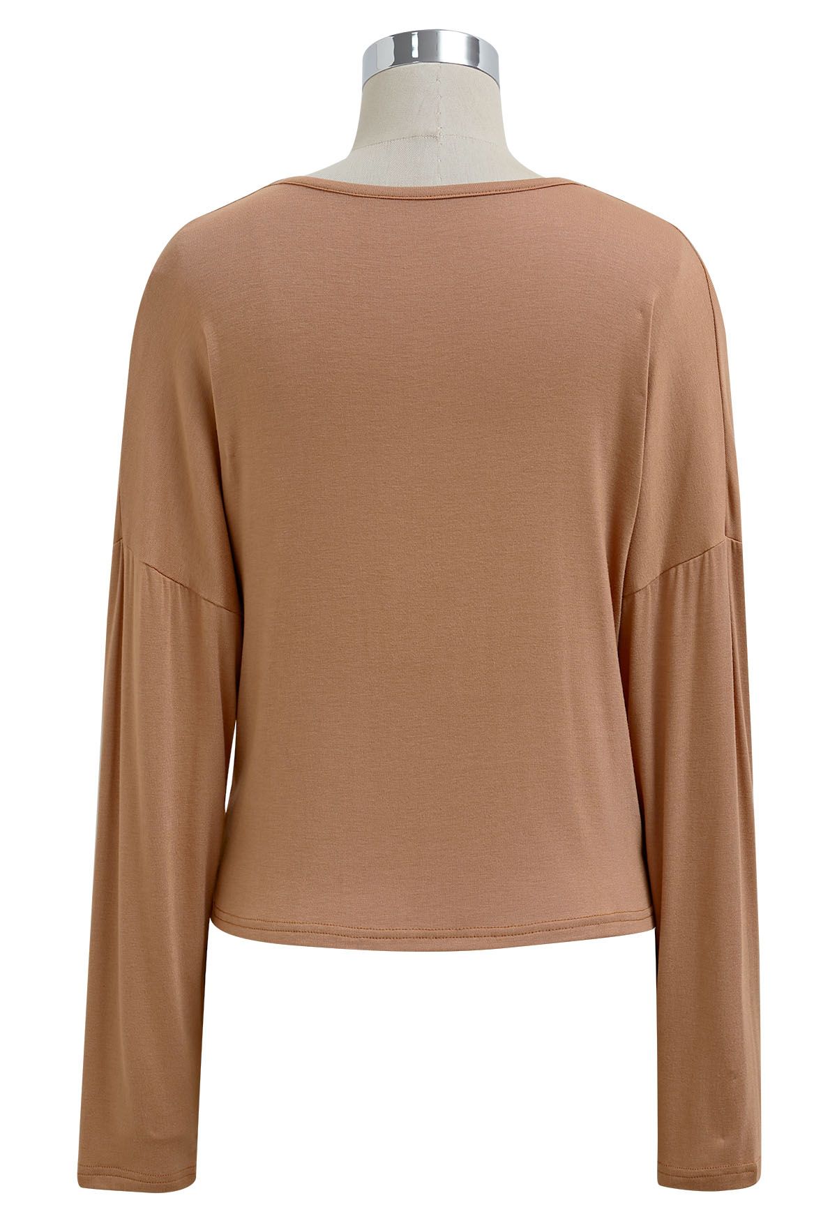 V-Neck Faux-Wrap Long Sleeve Top in Caramel