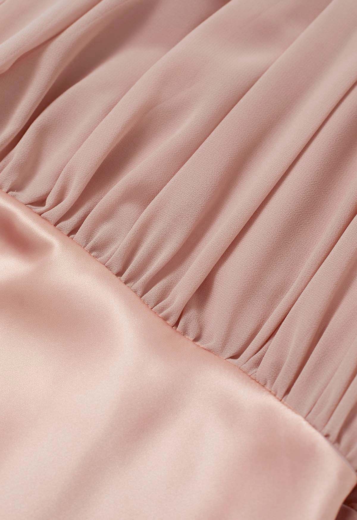 Graceful Halter Neck Chiffon Spliced Satin Dress in Pink