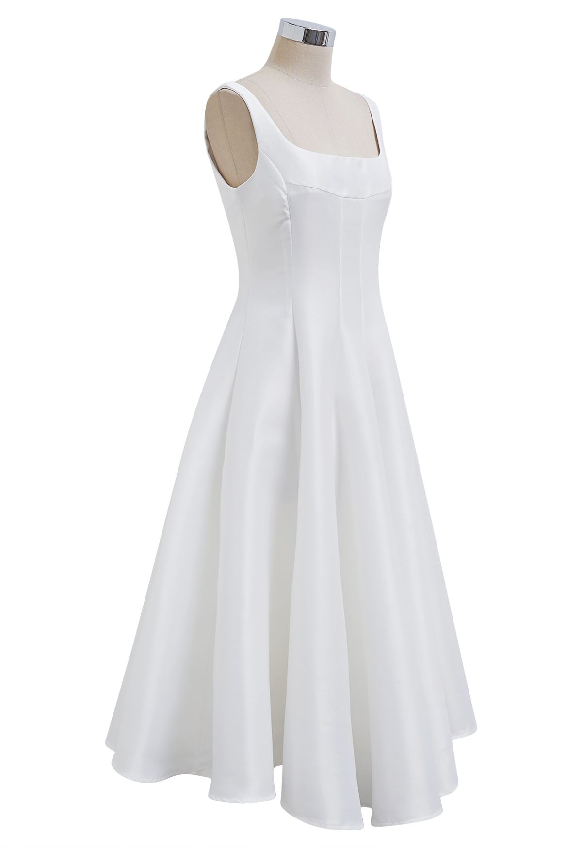 Polished Satin Flared Hem Cami Dress in White