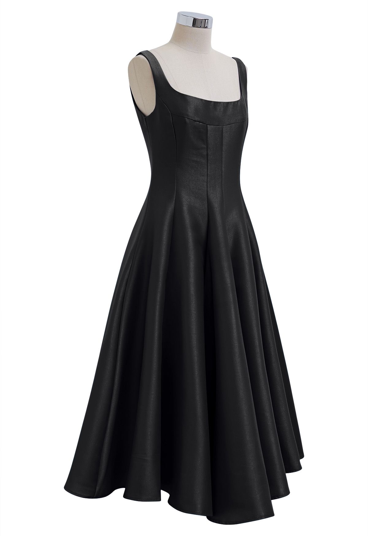 Polished Satin Flared Hem Cami Dress in Black