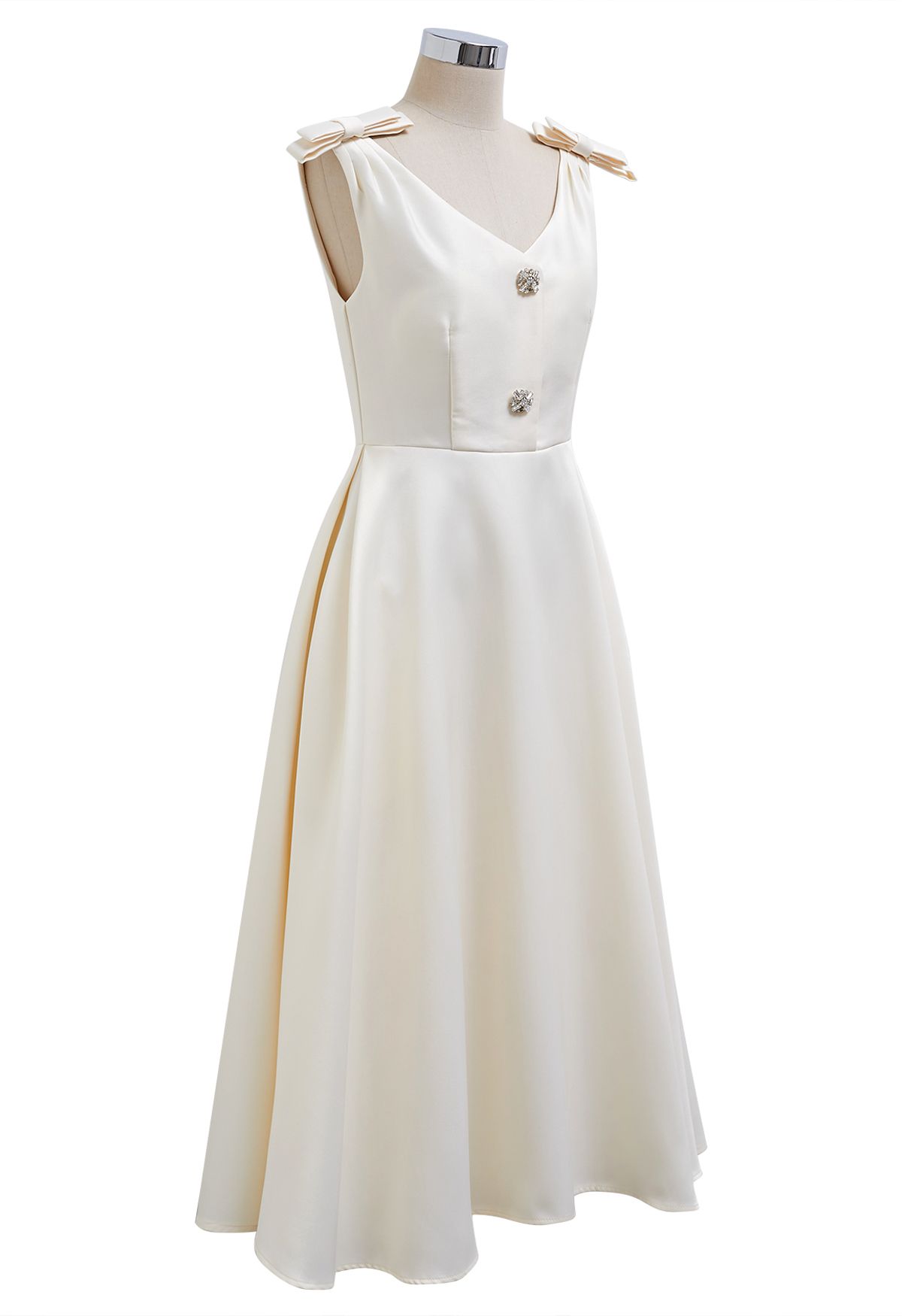 Bow Shoulder Zircon Button Midi Dress in Cream