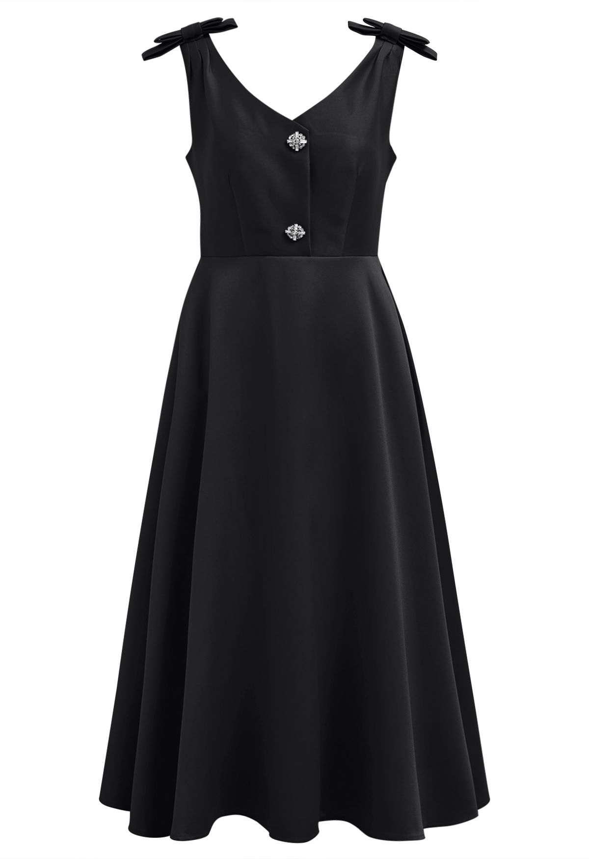 Bow Shoulder Zircon Button Midi Dress in Black