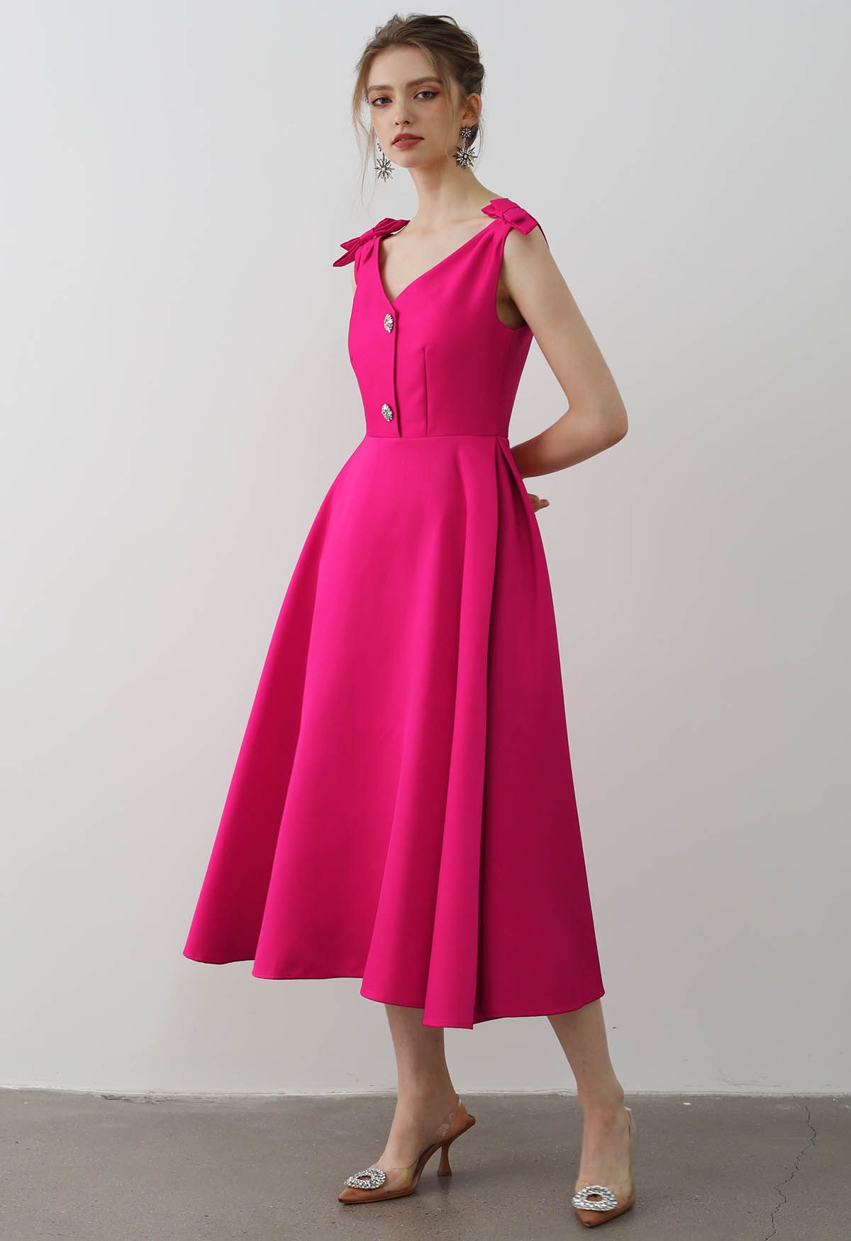 Bow Shoulder Zircon Button Midi Dress in Magenta