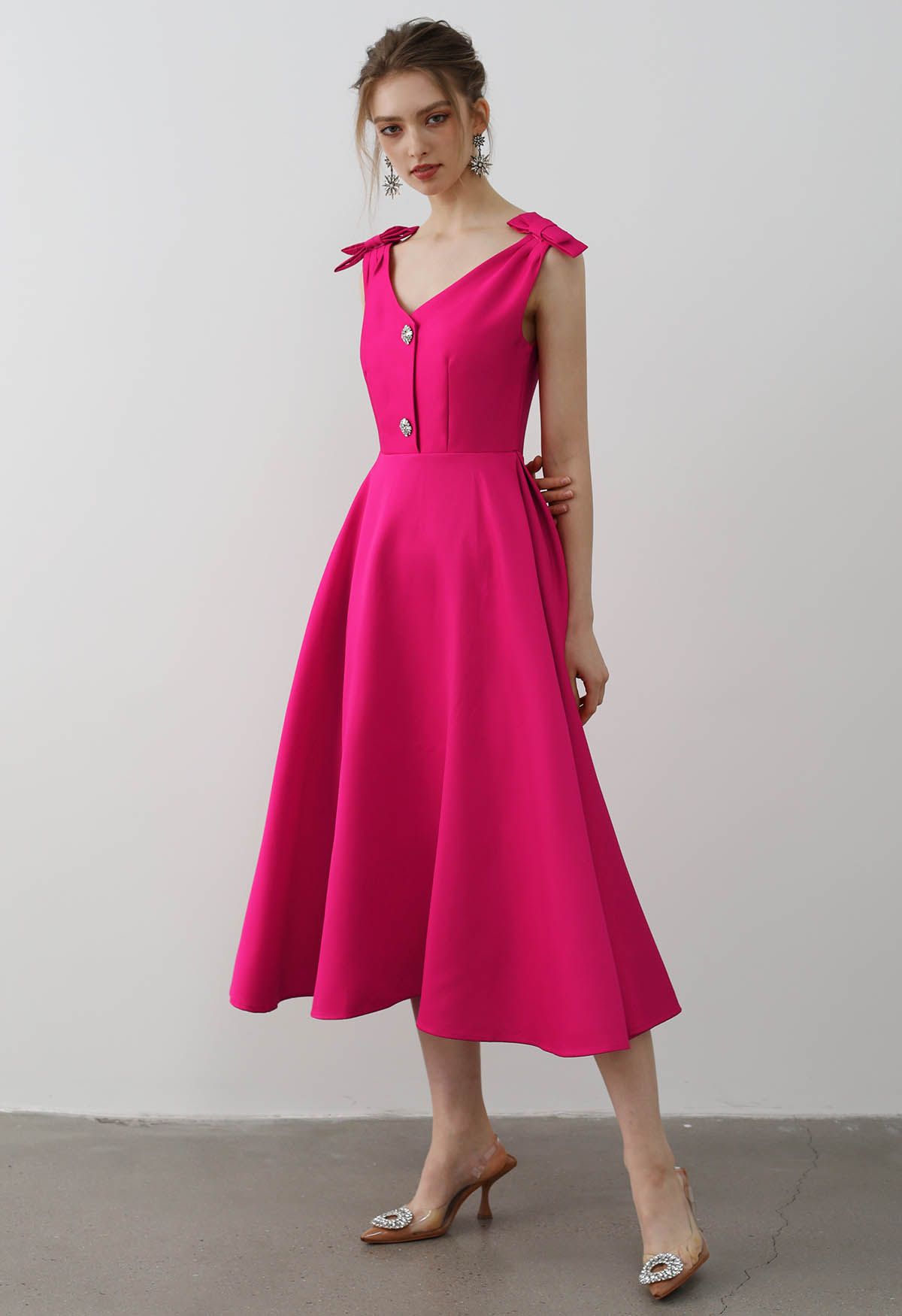 Bow Shoulder Zircon Button Midi Dress in Magenta