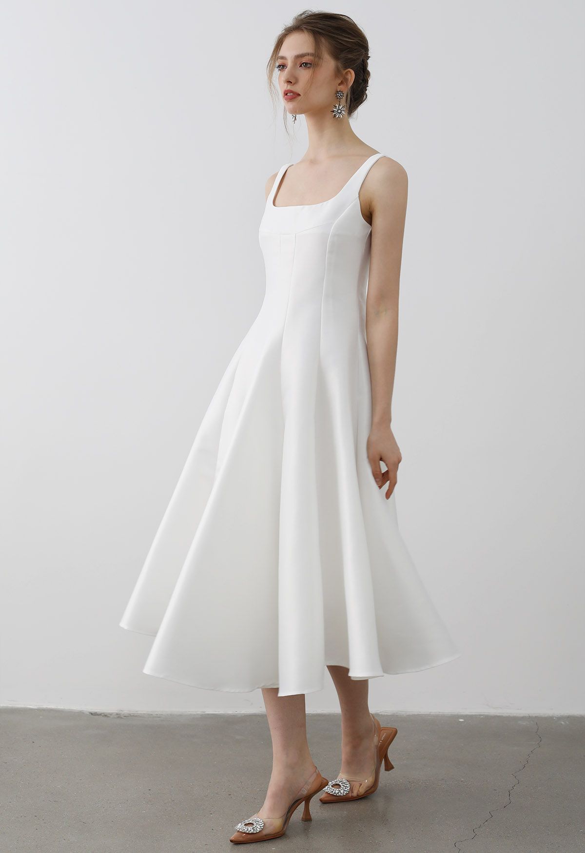 Polished Satin Flared Hem Cami Dress in White