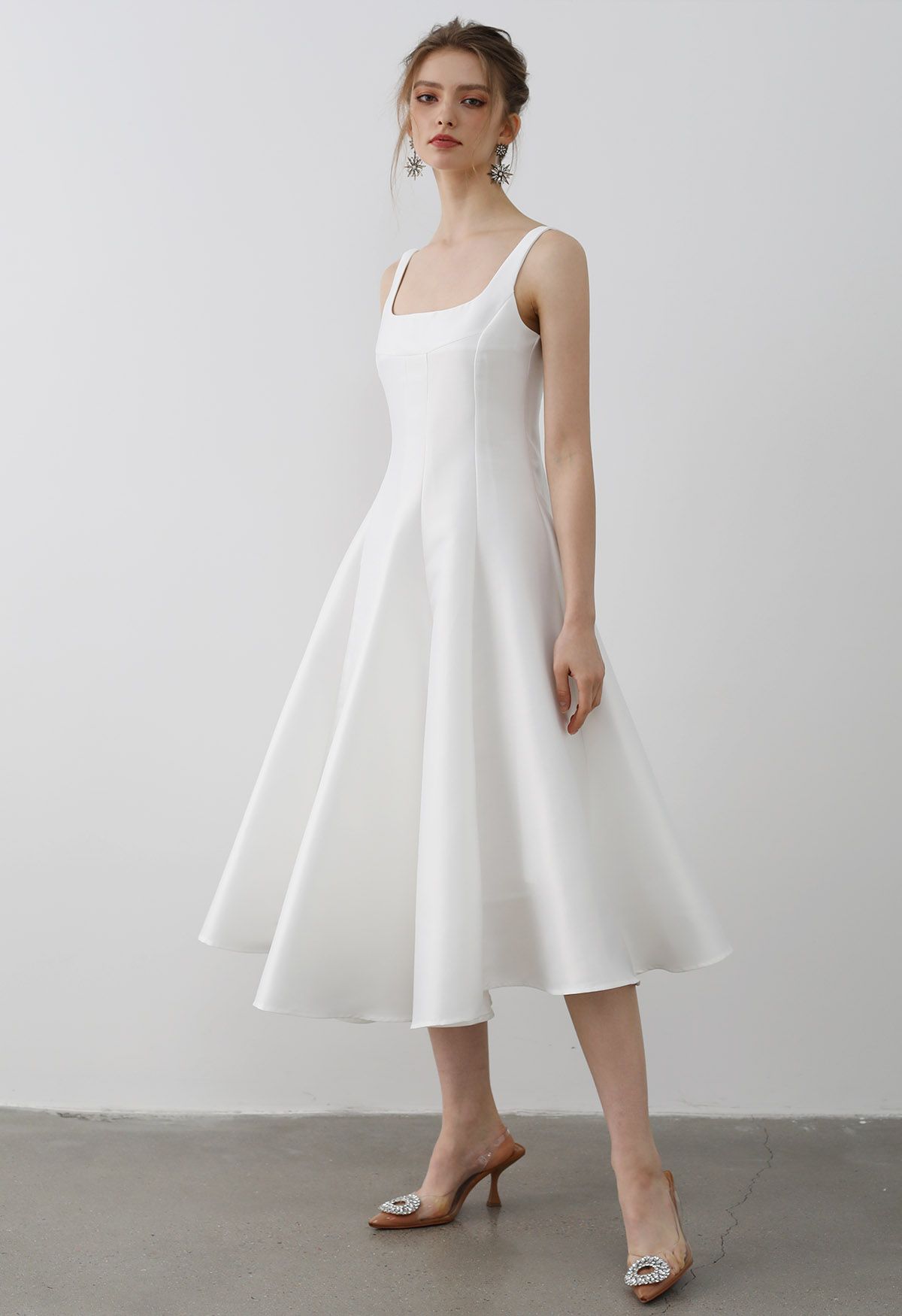 Polished Satin Flared Hem Cami Dress in White